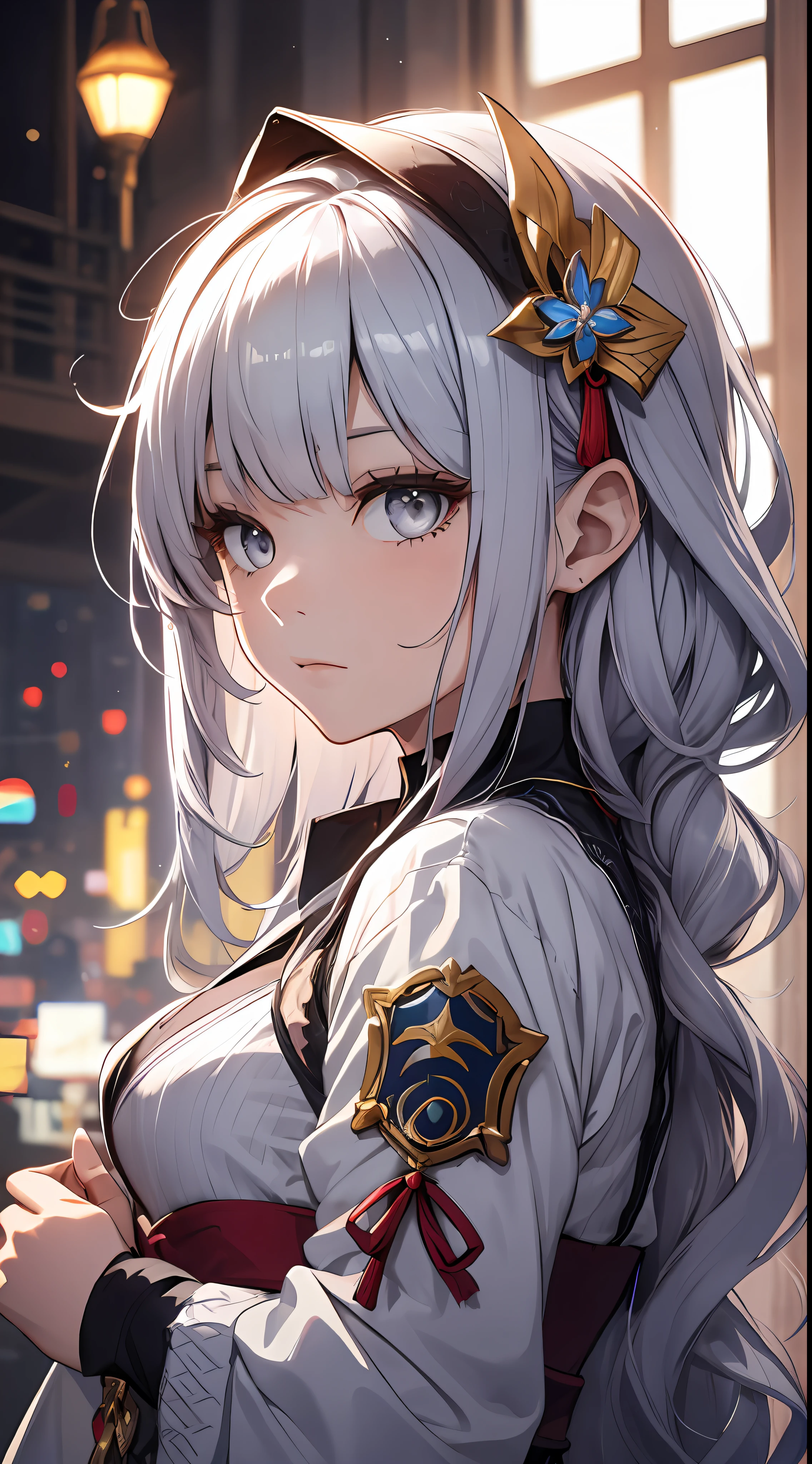 Mast, best quality, 1 girl, shenhe \ (Genshin Impact), silver gray hair, gray eyes, long hair, headband, hair accessories, looking at the audience, from the side,