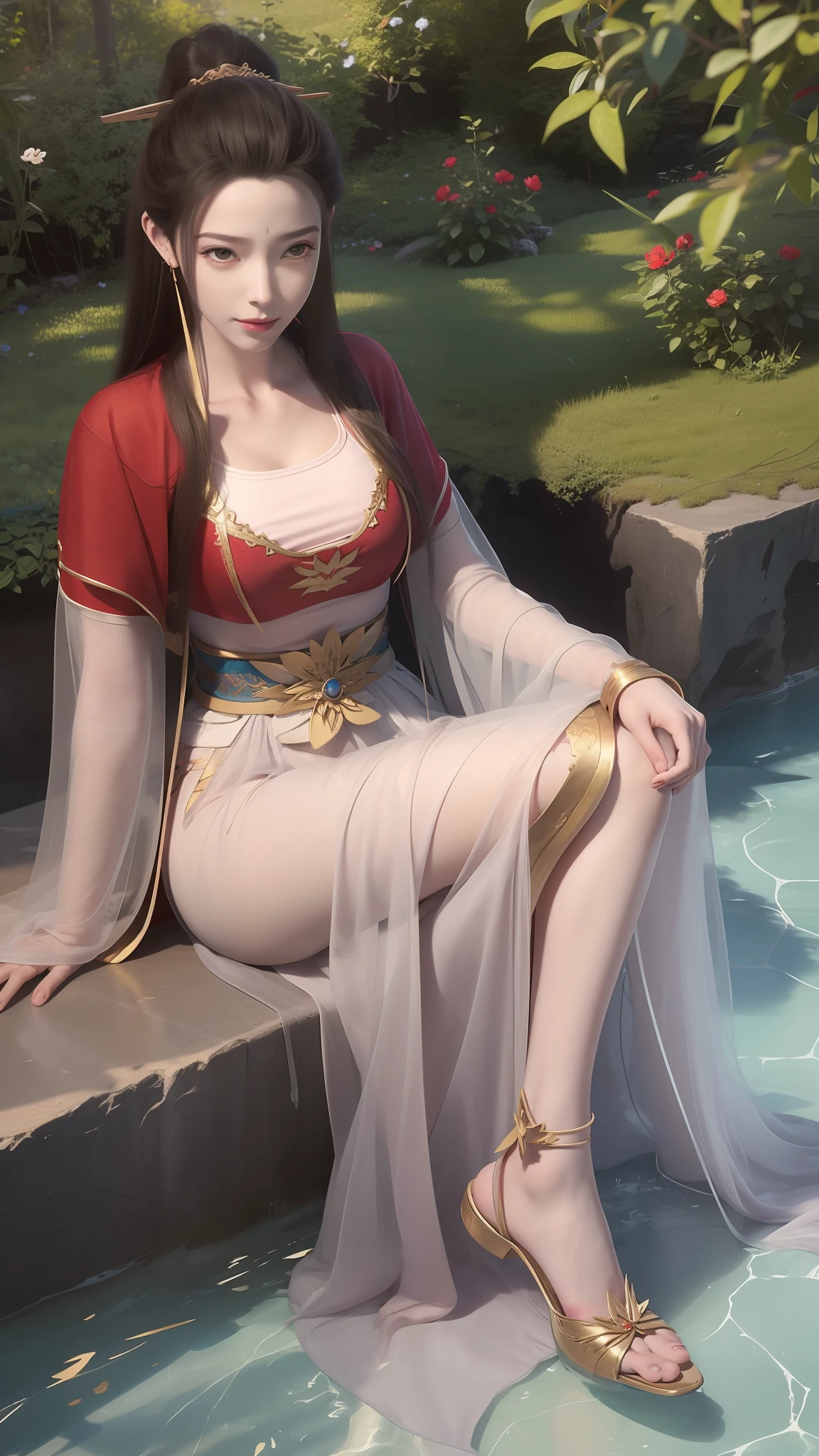 The Araved woman in a red dress sits on a red bench by the water, a photorealistic painting inspired by Magali Villeneuve, cgsociety contest winner, Fantasy art, wearing gilded red robes, lady in red armor, wearing gilded red royal robes, Gorgeous Role Play, scarlet witch costume, wearing red sorcerer's robes, Red robe, aly fell and artgerm