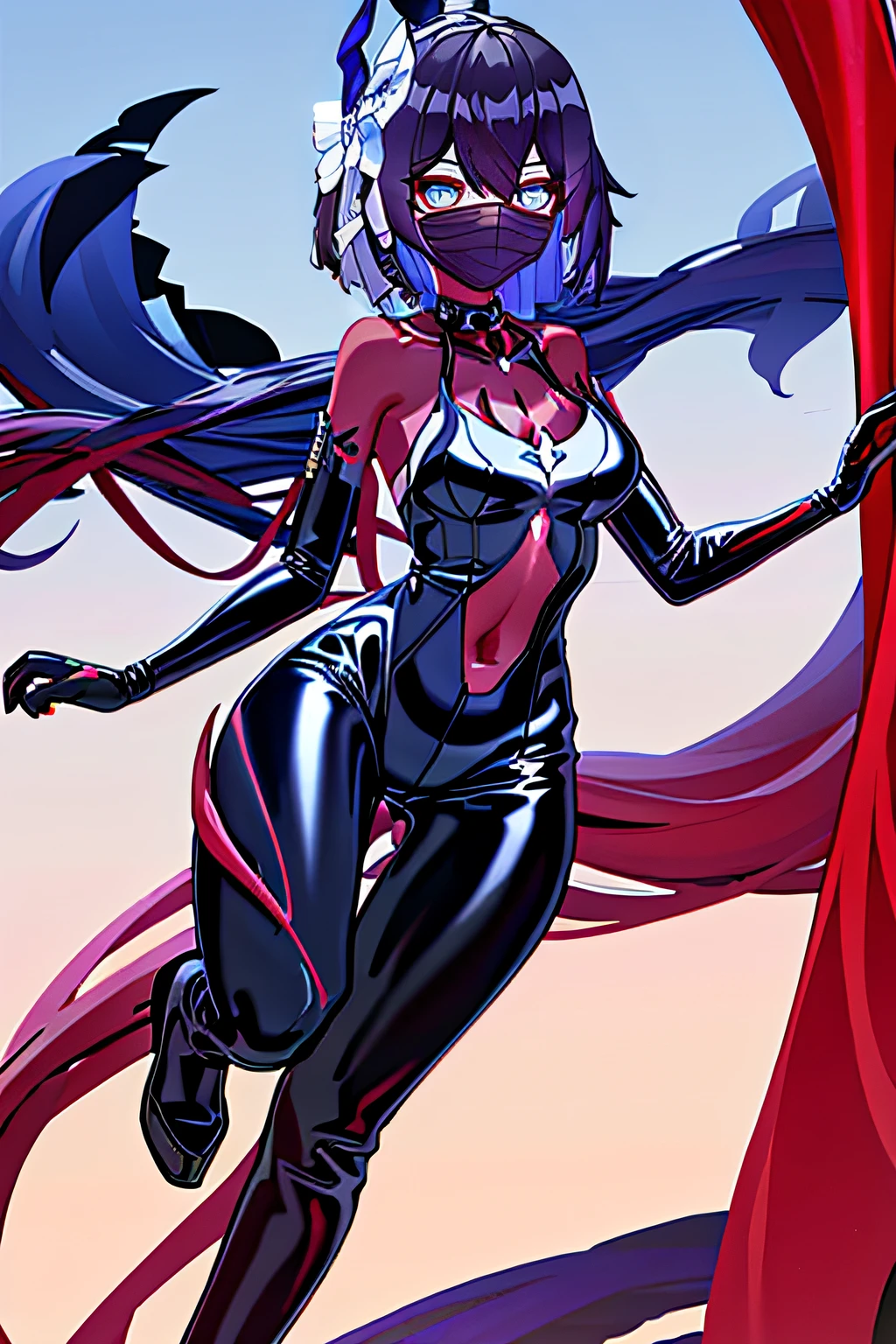 One-piece venom possessed,Blackened,long black gloves,Jumpsuits,Skinny one-piece latex clothing,Highlight her gorgeous figure,Wrap the whole body,symbiote,((Raised sexy)),onesie,Venom possession,Blackened,long black gloves,Jumpsuits,Black latex clothing,,Best quality, high resolution, Ultra-detailed, Vivid texture, Mask, Skinny one-piece latex clothing, bangs,Purple hair, Blue eyes