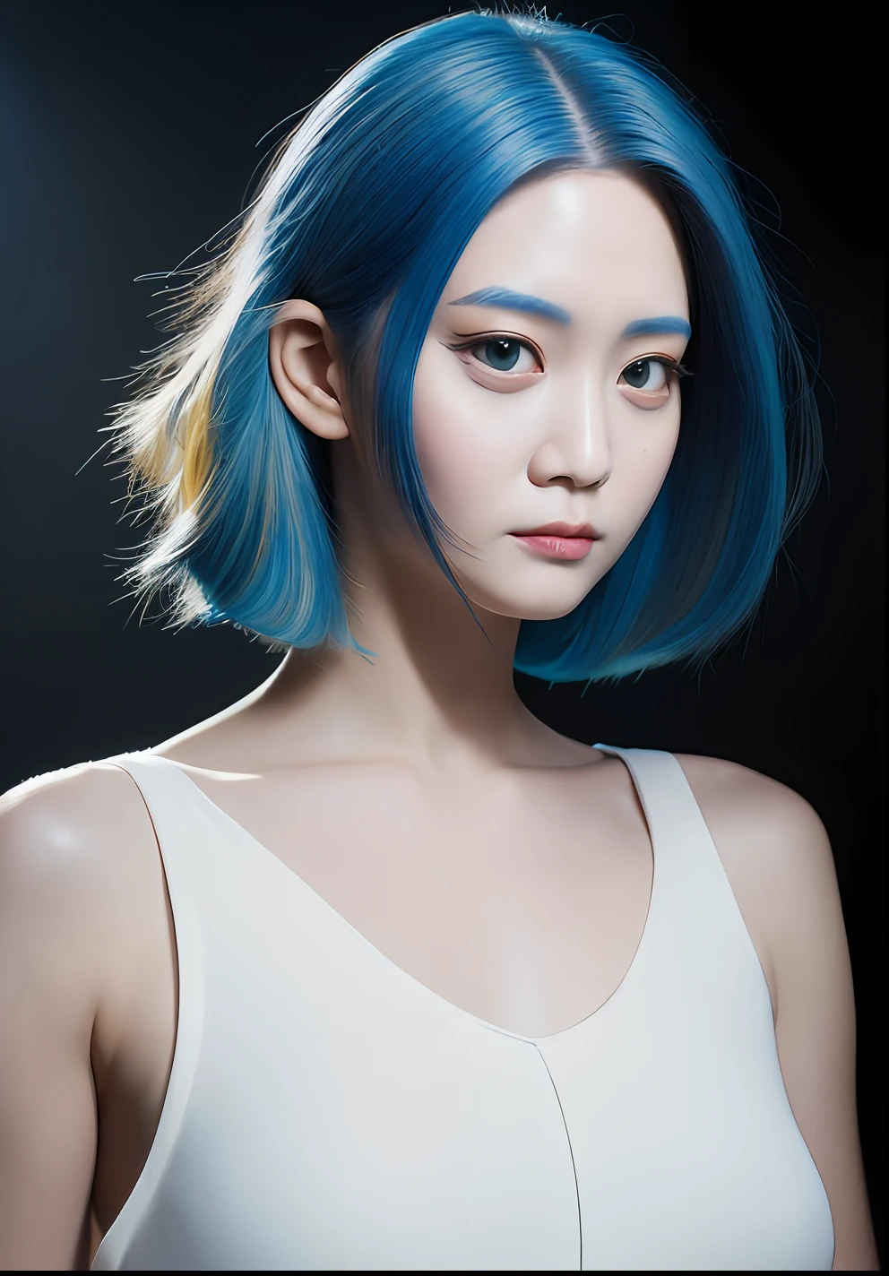 best quality, ultra high res, (photorealistic:1.4), masterpiece, white backround ,solo,1 girl ,standing, yellow skin, posing, looking at viewer , face focus, (Blue hair:1), (ablong face:1.8), sharpen hd 8k ,(undercut hair:1.5)