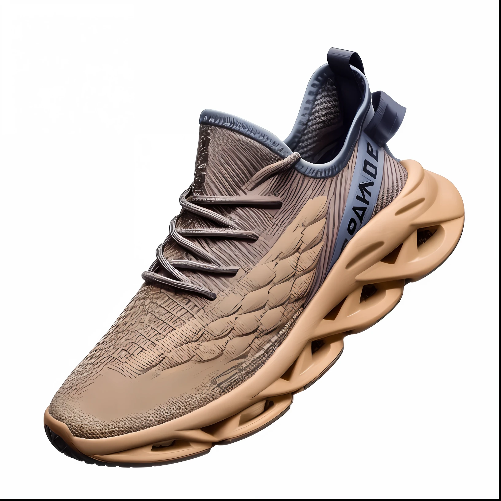 a close up of a pair of sneakers with a white background, running shoes, focus on sneakers only, sneaker design, futuristic sneakers, designer, light brown, 2 0 2 0 fashion, gum rubber outsole, aokan, rubber waffle outsole, sneaker shoes, f 2. 0, sneaker, futuristic balenciaga sneakers, yzy, oktane render
