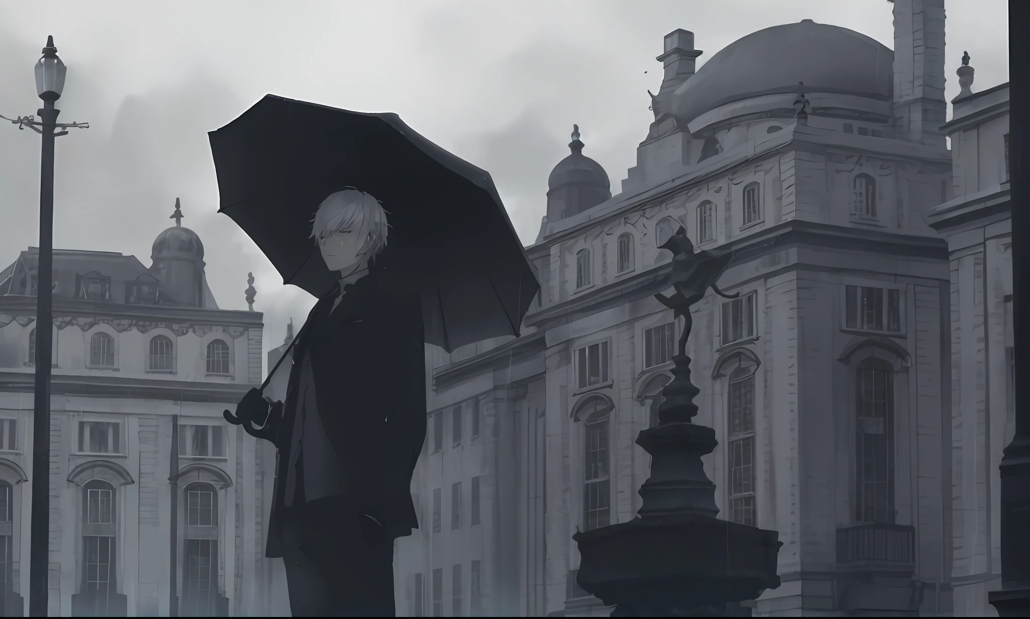 There is a man standing in front of a building with an umbrella, Guweiz, Aesthetics of rain, film still of 2nd B nier automata, Arte no estilo de Guweiz, Standing in the rain, Obra-prima de Guweiz, sob chuva, In the rain, Captura de tela do filme de anime, tokyo ghoul, guarda-chuva preto, 2 b, 2b