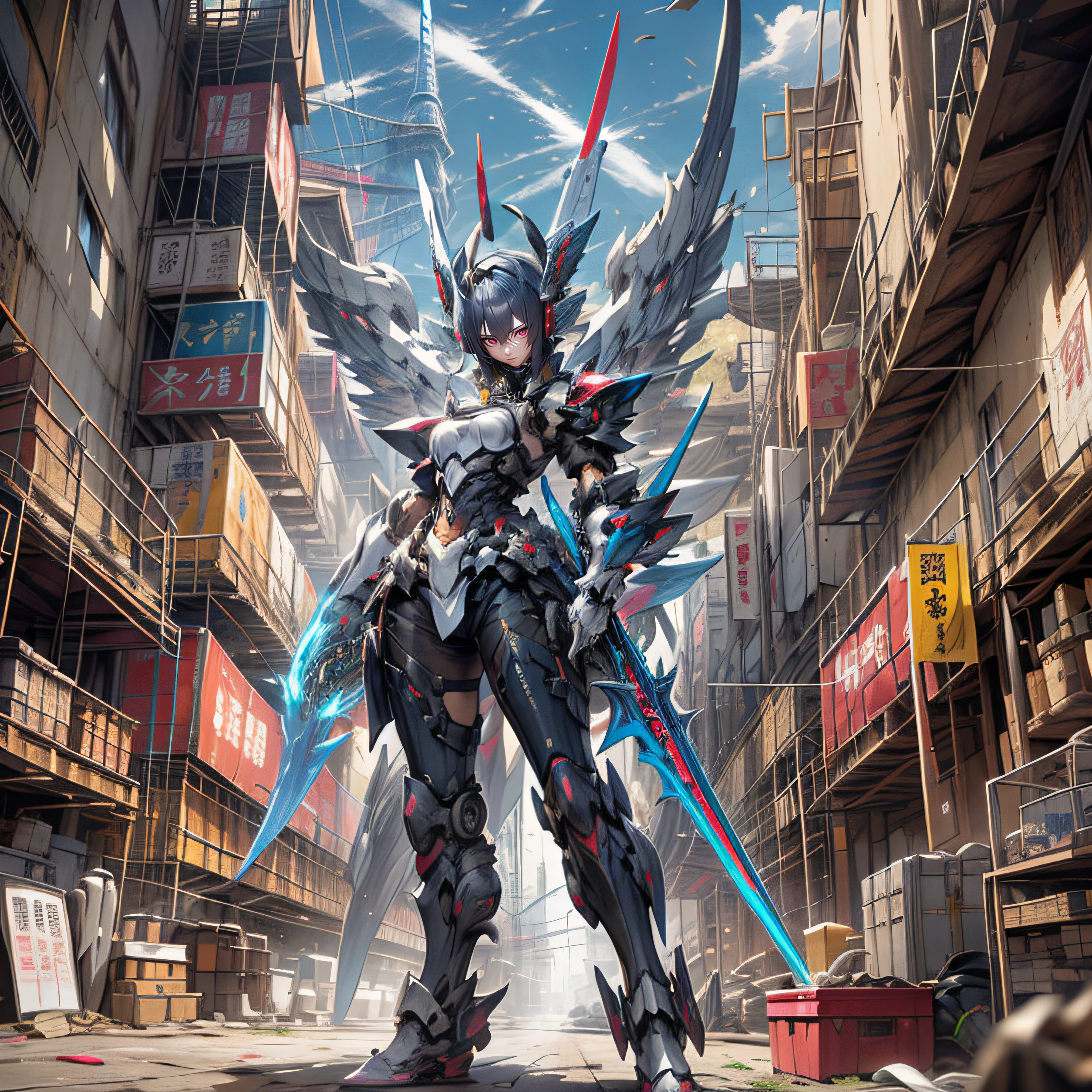 Anime characters standing on city streets with swords, Mechanized Valkyrie girl, 2. 5 D CGI anime fantasy artwork, girl in mecha cyber armor, cyberpunk anime girl mech, Digital cyberpunk anime art, Badass anime 8 K, style of anime4 K, Anime epic artwork, anime cyberpunk art, anime concept hdr anime macmanus, Anime fantasy artwork