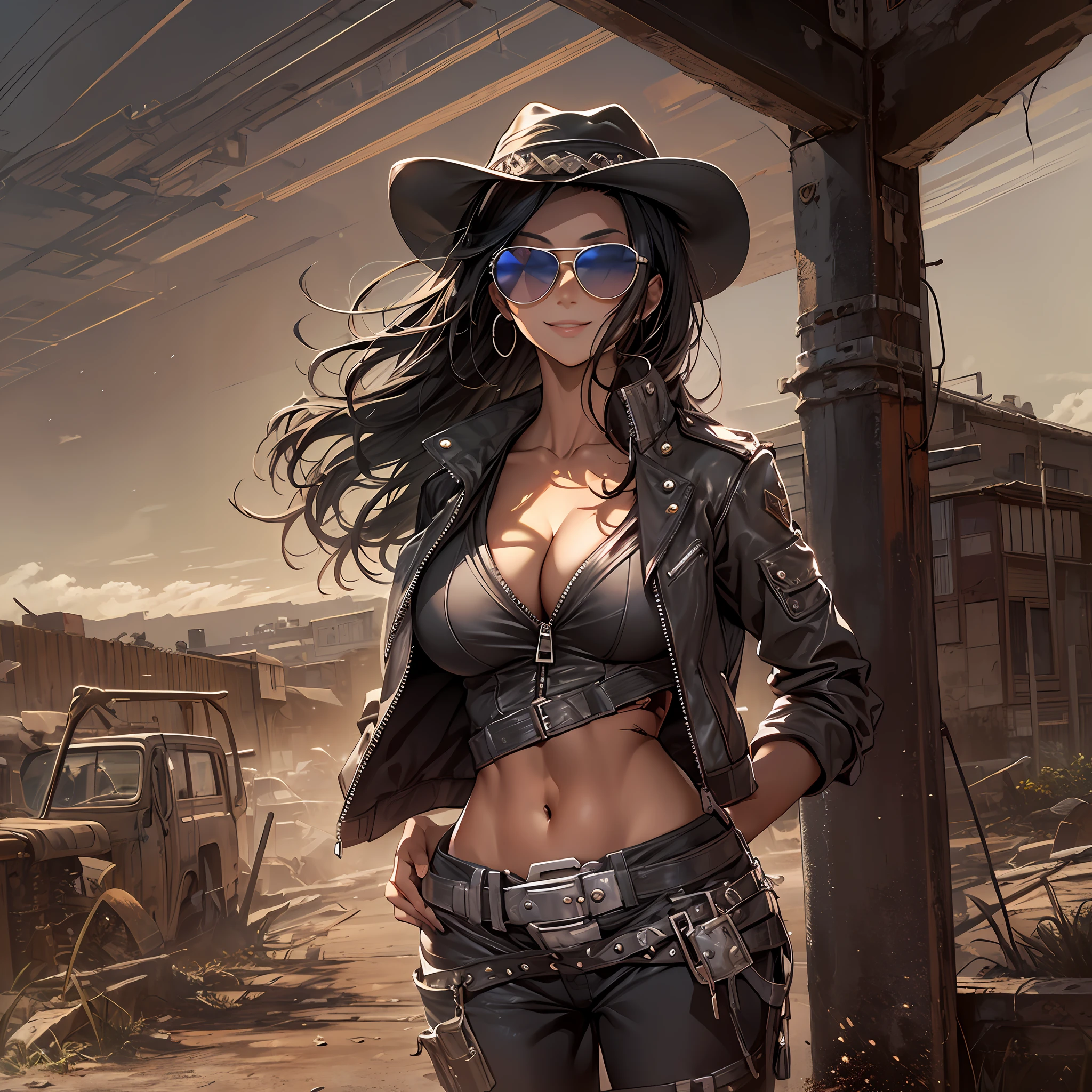 desolate western background, solo, unzipped leather jacket, wound on the cheek, cleavage, big breasts, midriff, standing, face slightly turned to the side, silver sunglasses, black hair, medium long hair, messy hair, cowboy hat, looking tough, woman, center, middle, smile, hourglass body, perfect hand, perfect anatomy