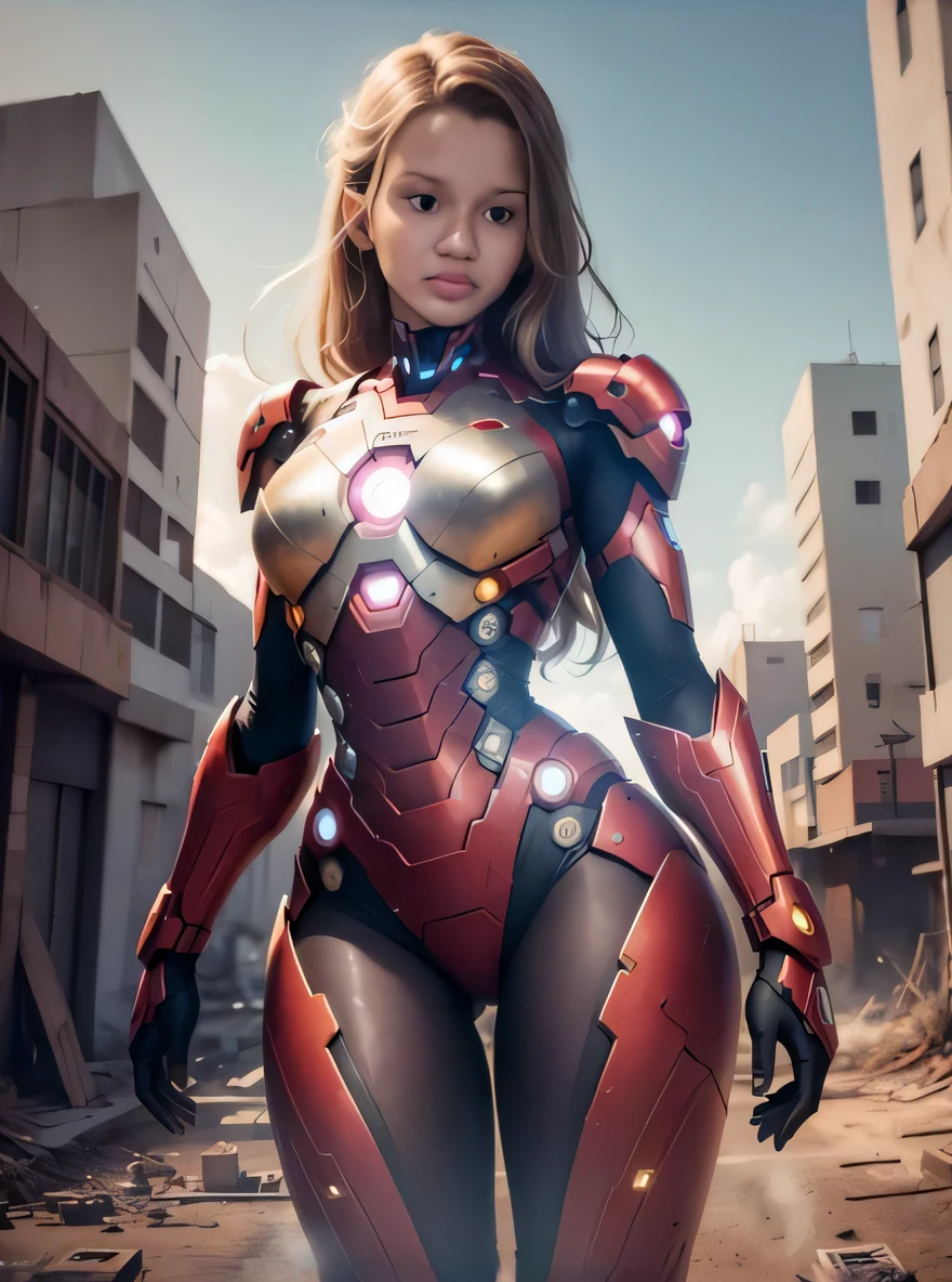 A woman in a suit is standing in a town, da armadura, Emma Watson como Homem de Ferro, meninacha cyber armor, como o ironman, coberto em armadura de metal completo, Senhora na armadura vermelha, Homem de Ferro Cyberpunk, Wojtek FUS, armadura impressionante, armadura vermelha, bikini armor, bikini armor, CGSetivity UHD 4K altamente detalhado, bikini-armor