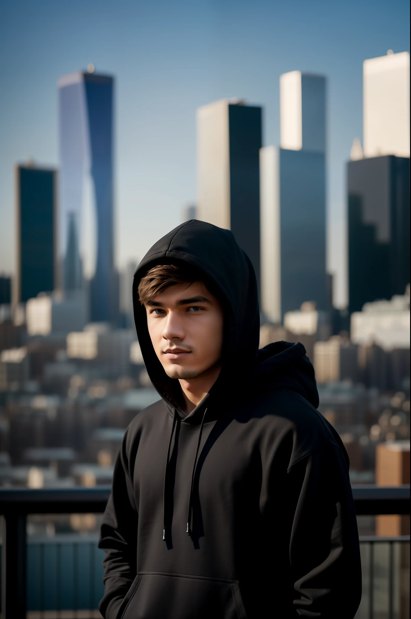 "A university student boy wearing a stylish black hoodie, Caucasian, standing against the backdrop of a vibrant cityscape with blurred buildings in the background. 8K, Ultra Realistic, Photography, Soft Lighting, Bright Sky"