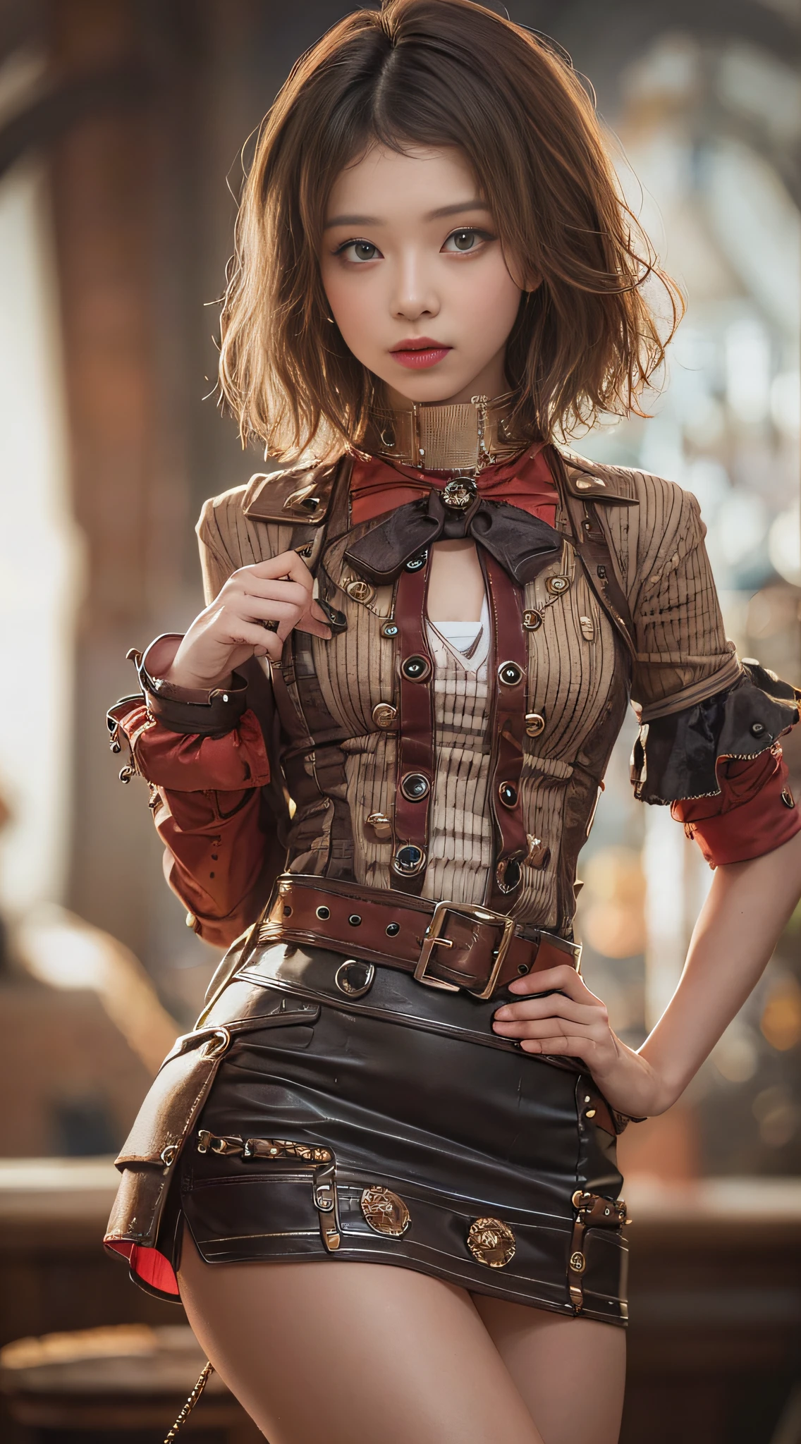 Cute Girl, Leather Costume, Knee shot, Exposure boom, Steampunk Pin-Up Girl, Steampunk girl on a garter belt, Steampunk beauty, Steampunk Goddess, Steampunk style location, Steampunk costumes,. Wearing a steampunk dress, closeup portrait shot, steampunk inventor girl, High-quality close-ups,
NSFW, 8k RAW photo, The highest image quality, masutepiece, ultra-quality, Film grain, Natural Skin Texture, realistic eyes and face details, Full lips, lip stick, (make up), Red Eye Shadow, short fluffy hair, hair messy, Smile, Full Mouth, nice legs, Tall Woman, (backgroung details), slim, Slim Nice Legs, One, cleavage, Cleavage legs, One, cleavage, Hip Look Pose, Very short skirt, hip, Shirt, Hip Look Pose, Skirt, hip, Shirt, (backgroung details), Burberry Plaid, plaid skirts, (((very small chest))), Shirt with a little cleavage, Blurred background explanation: Burberry, Pleated skirt, depth of fields
