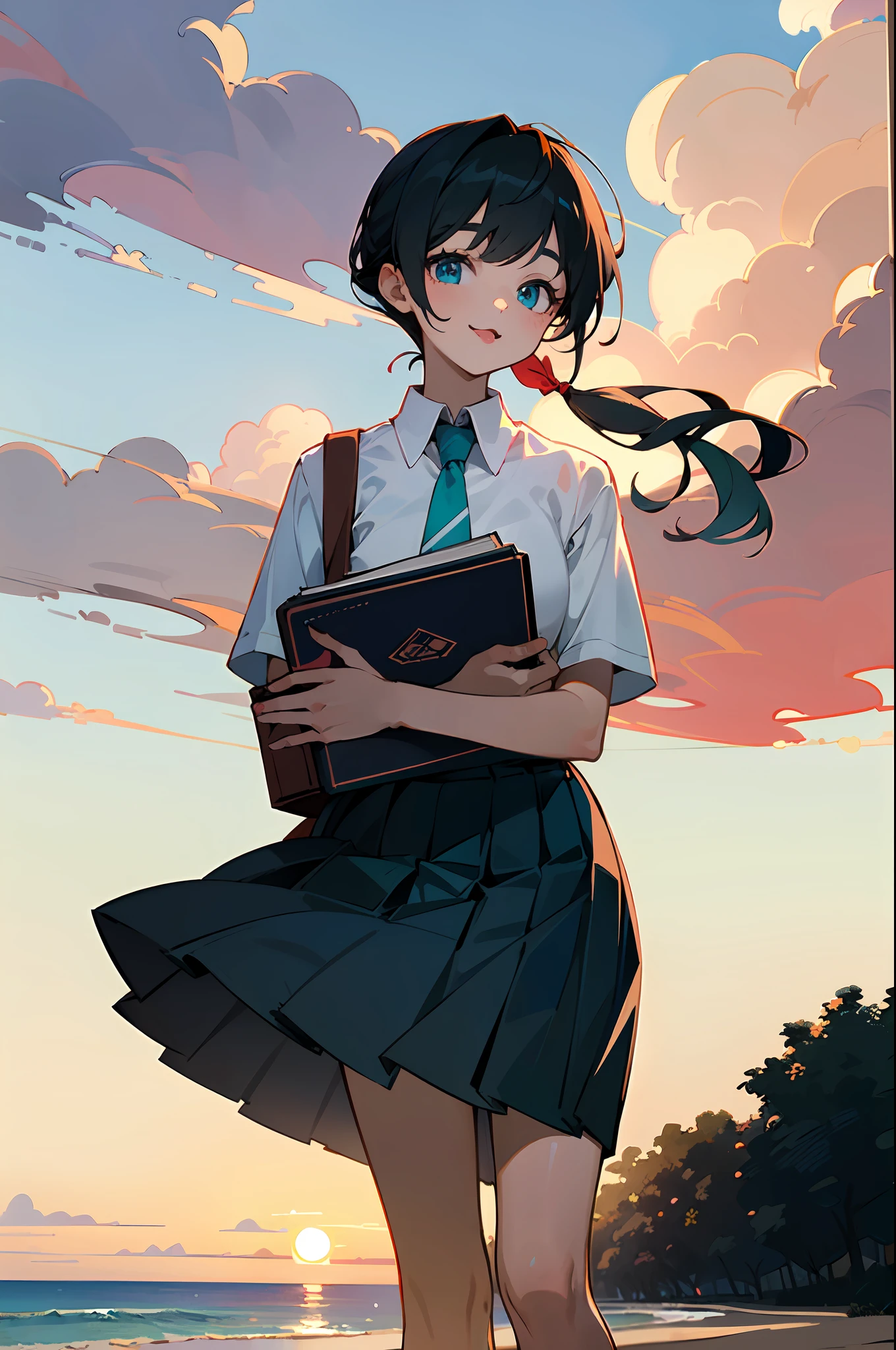 1girl,(white_shirt,)necktie,short_sleeves ,black_hair,side_ponytail,pleated_skirt,white_socks,shoulder_bag,looking at viewer,,:p,aqua blue eyes,best_quality,high quality,highres,masterpiece,reading,holding_book,beach,sunset
