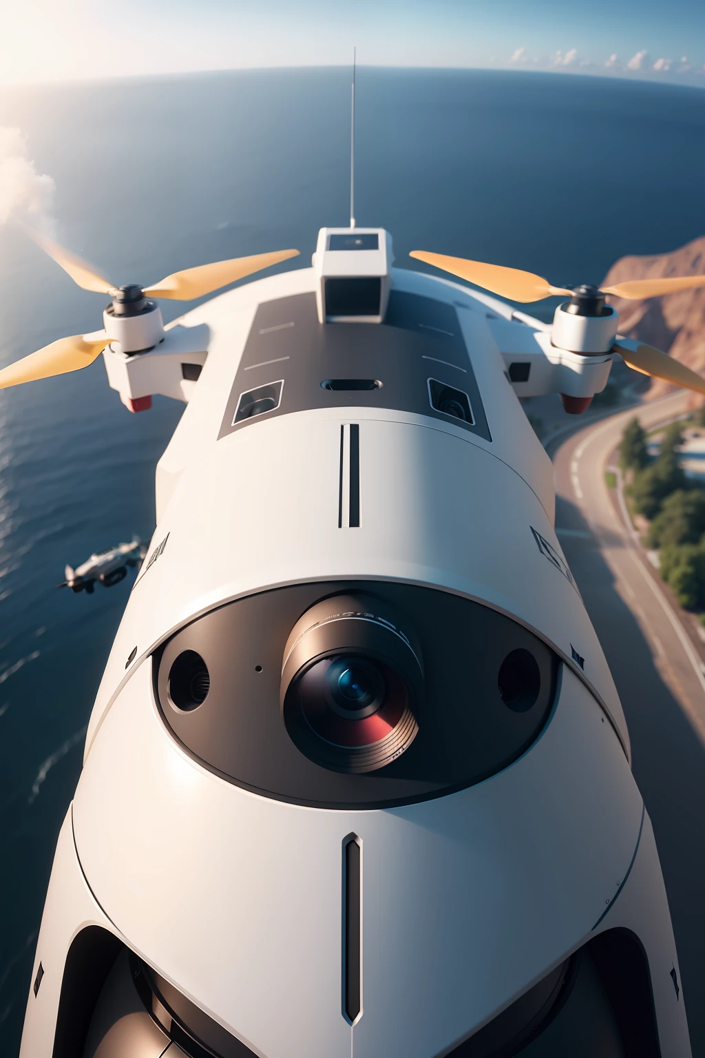 closeup Flying Drone Camera, ultra realistic, ultra detailled, 8k, photorealistic, highly detailed, cinematic