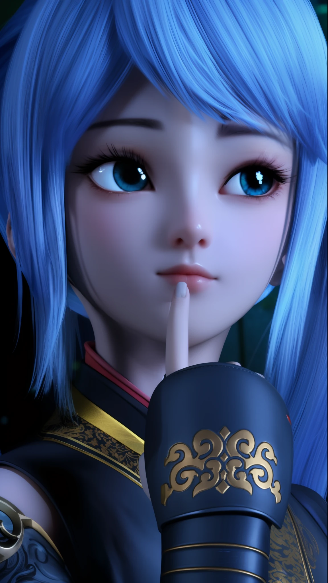 Close-up of a blue-haired man，Place your fingers on your lips, render of a cute 3d anime girl, anime styled 3d, 3d anime girl, Blue Elf, close up character, photorealistic anime girl rendering, 3 d anime realistic, close up of a young anime girl, Smooth anime CG art, cute 3 d render, beautiful avatar picture，middlebreast，seminude