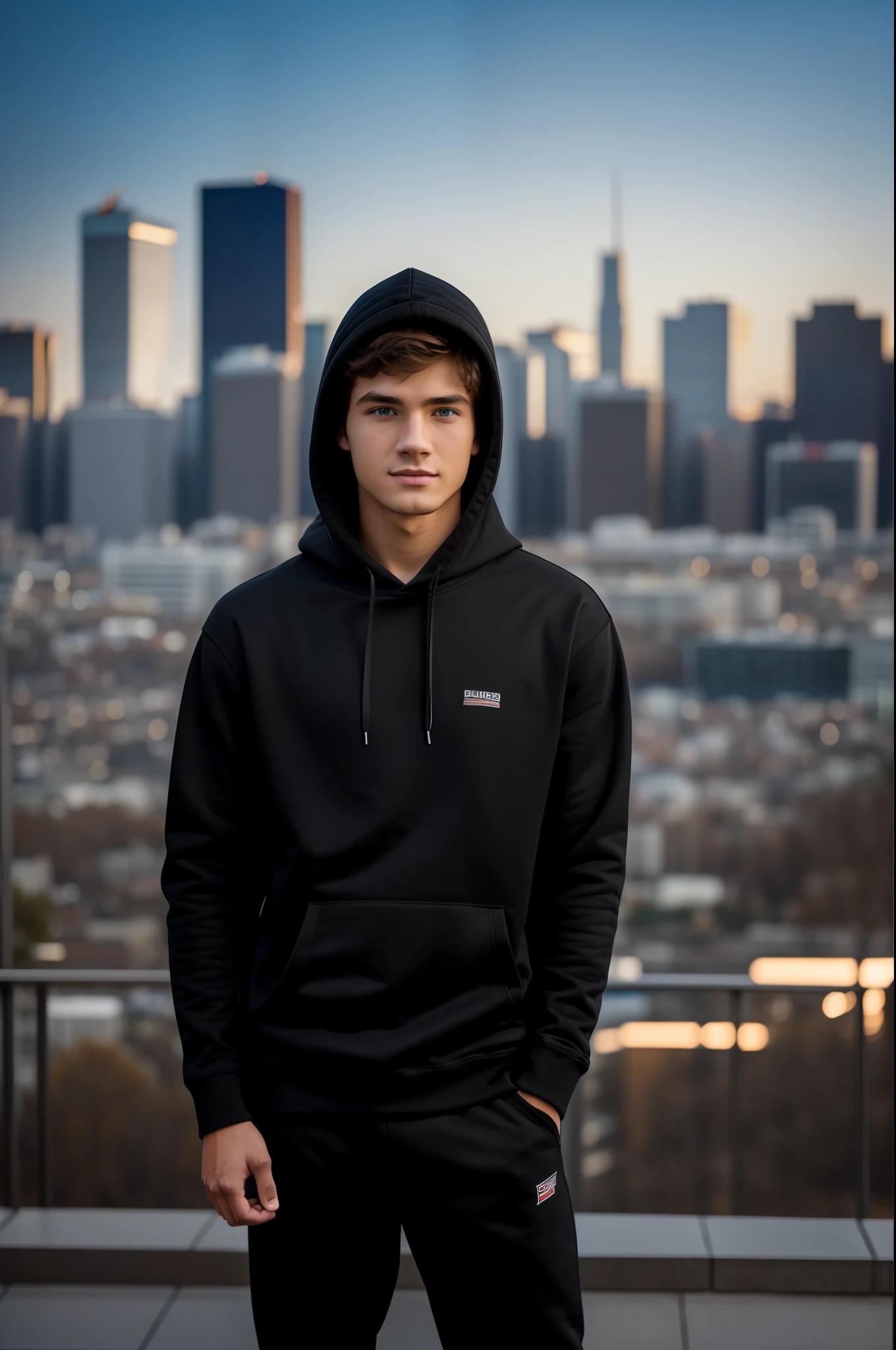 "A university student boy wearing a stylish black hoodie, Caucasian, standing against the backdrop of a vibrant cityscape with blurred buildings in the background. 8K, Ultra Realistic, Photography, Soft Lighting, Bright Sky"