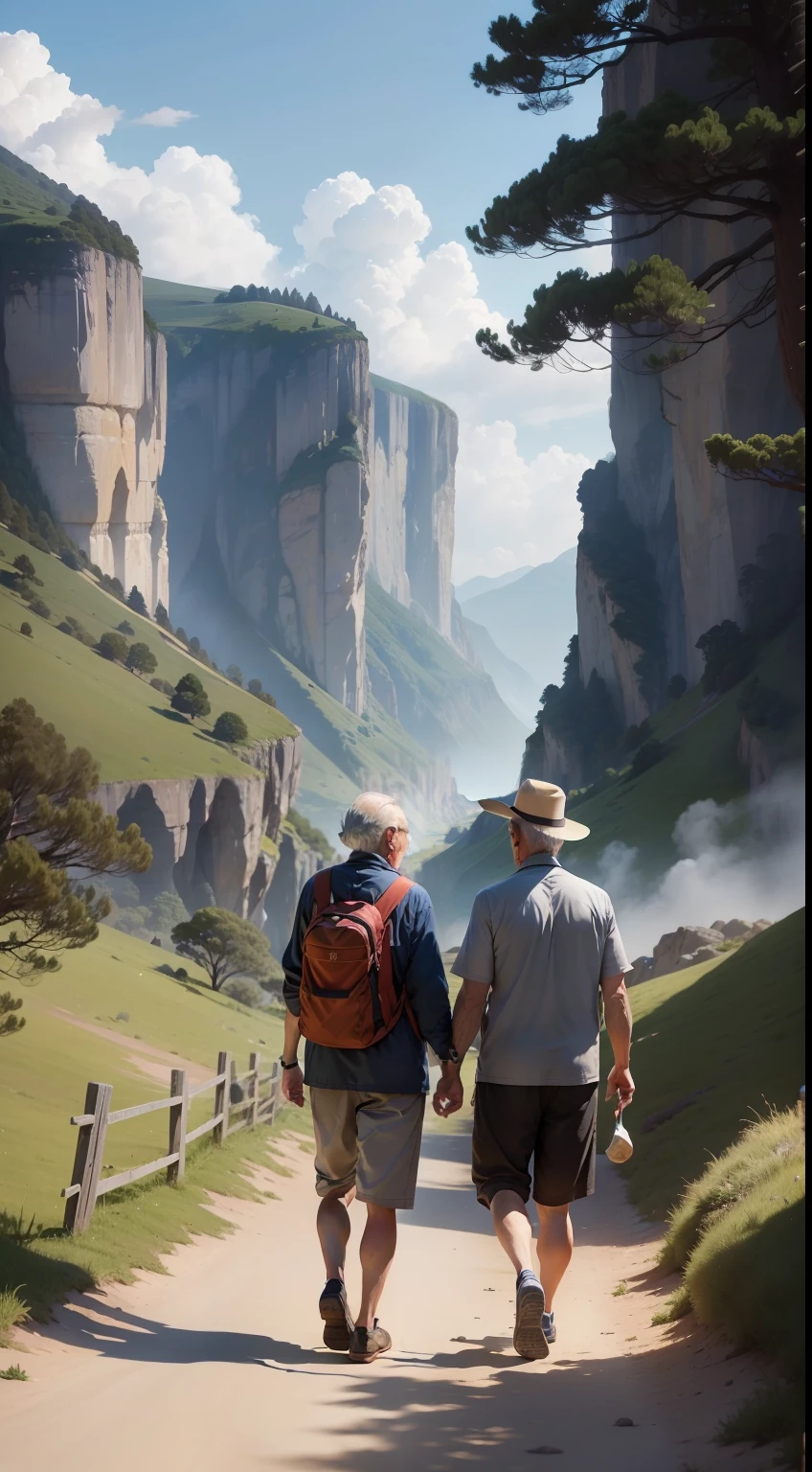An image of an old man and a young man walking along a trail amid a stunning landscape, enquanto o mais velho compartilha seus conhecimentos sobre a vida