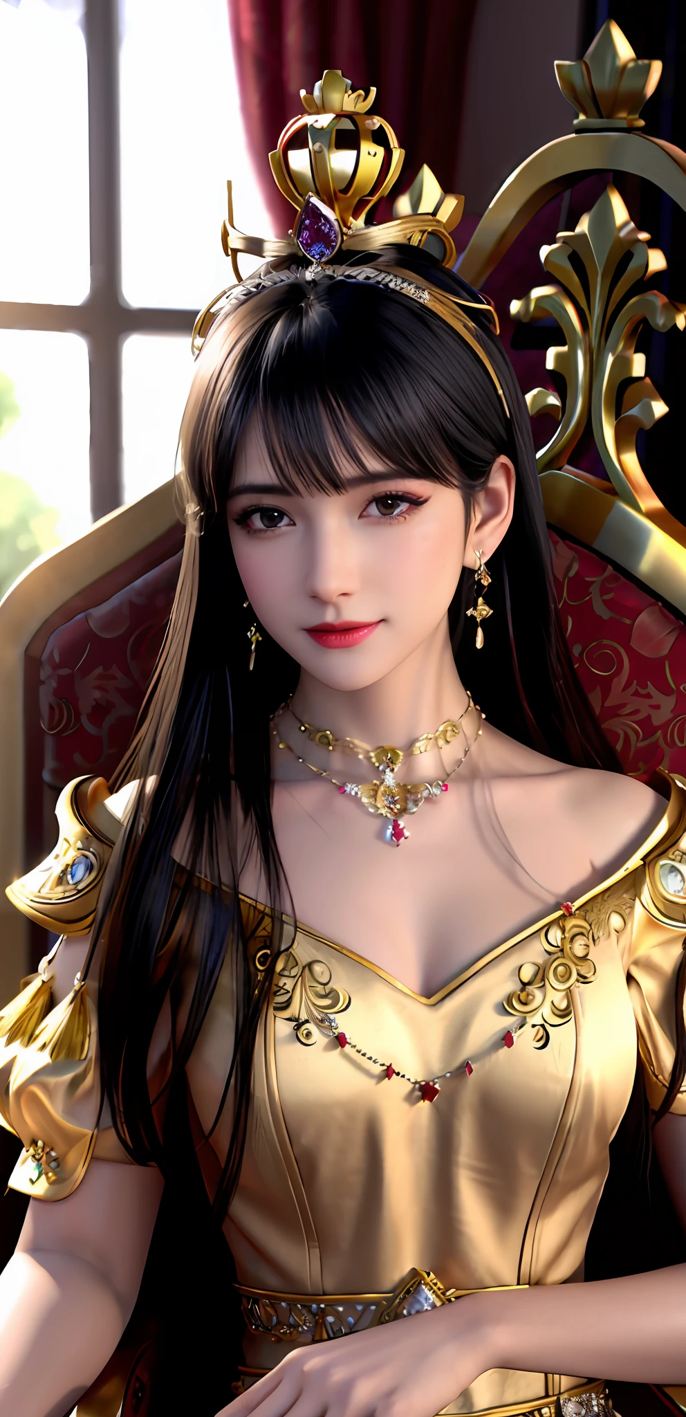 (realisticity: 1.2), ((best resolution: 8K UHD)), best quality, high quality,  masterpiece, highres,cg,
1 super detailed girl, super detailed queen

, sitting on a super detailed royal throne, lud, xurious royal palace background, beautiful and detailed, super detailed long hair, wearing a beautiful and luxurious crown with diamonds and super detailed,

super detailed dress, Super detailed dress sleeves, super detailed beautiful earrings, Beautiful and beautiful necklace full of super detailed diamonds,  
 solo, jewelry, super detailed red and yellow dress, pretty face, beautiful, and super detailed, 

, earrings, super detailed hairdo, splashing, the upper body is very super detailed, super detailed hair bun, super detailed black hair,
lighting,candid,Photograph,high resolution, 8k,Bokeh,