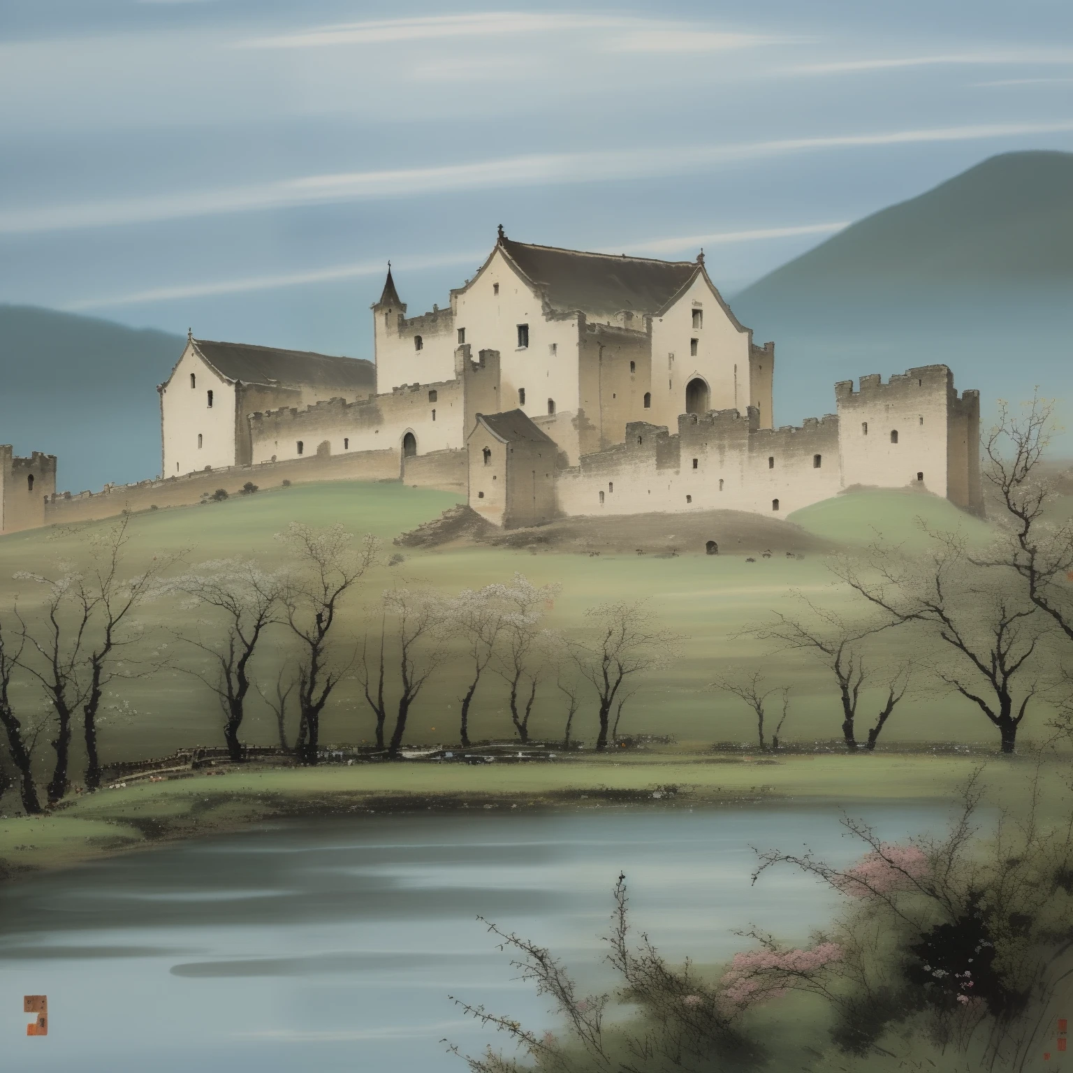 illustration, masterpiece, high quality, best quality, (high detailed:1.2), (extremely detailed:1.3), medieval castle, forest, mountain, landscape, landscape painting, no humans, flowers, cloudy, sakura trees