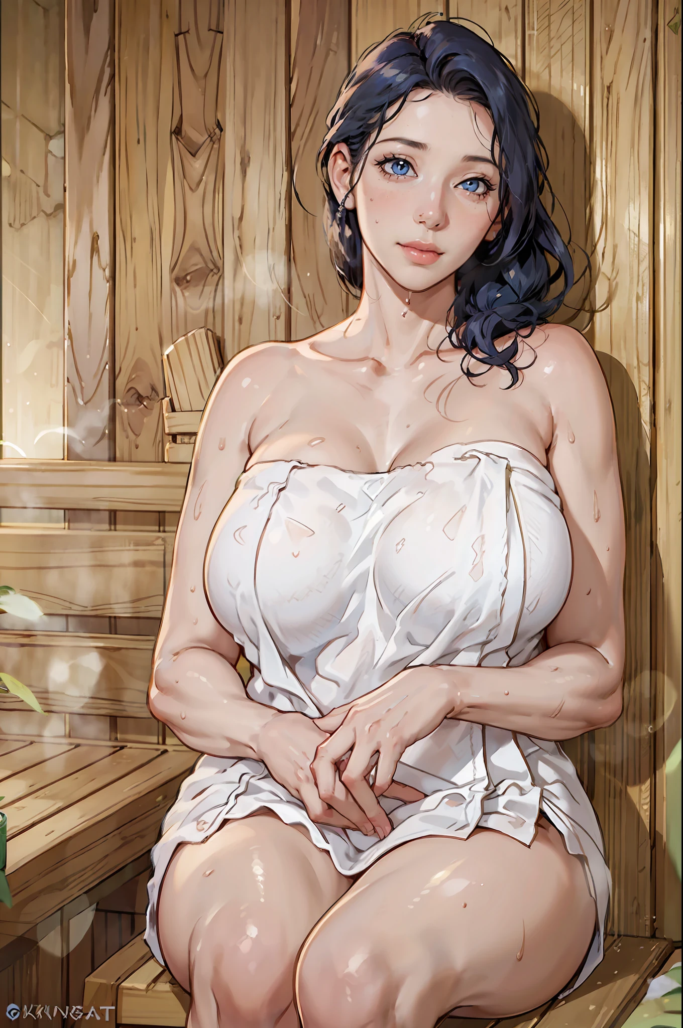 1girl, solo, standing, dark blue hair, (wearing towel, inside_sauna:1.3), (sweat), oiled, gleaming skin, shiny skin,  juice BREAK (realistic:1.4), portrait, (masterpiece), (specular lighting:1.3), (hyperrealistic:1.2), (photorealistic face:1.2), (perfect face), (perfect eyes), (best quality), (8k), (4k), sharp focus, octane render, best quality, extremely detailed, intricate, fantasy, soft lighting, (gigantic hanging breasts), (skindentation:1.3), (chubby:1.2), (voluptuous:1.2), thick eyelashes, long eyelashes, smile, blush, oil