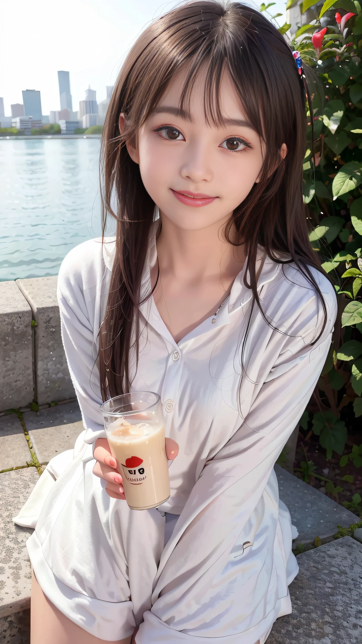 A cute teenage girl in uniform，Milk tea in one hand，（tmasterpiece，best qualtiy：1.2），超高分辨率，（fidelity：1.4），Delicate skin，Cinematic lighting，friendliness，clever，The conversation was engaging，cheerfulness，goodness，Full of prunes，cheerful，Be creative，There are sparkling eyes and an infectious smile