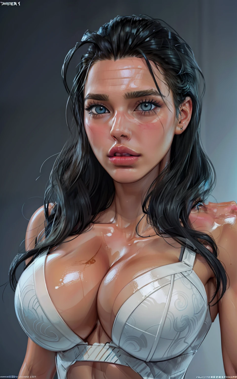 sehele style, anime style, (((beautiful))) a photo of (gal gadot) (((tan skin))) and (((smoldering eyes))). Her (((straight hair slicked elegantly backwards))), 8k, 4k, Unreal Engine 5, octane render, trending on pixiv, fanbox, skeb, masterpiece, ((slendered abs )),(gigantic breasts:1.1), (full bodied), wide hips, (full lips:1.5), smooth soft skin, big dreamy eyes, beautiful intricate blueblack hair, anime wide eyes, soft lighting, concept art, digital painting,