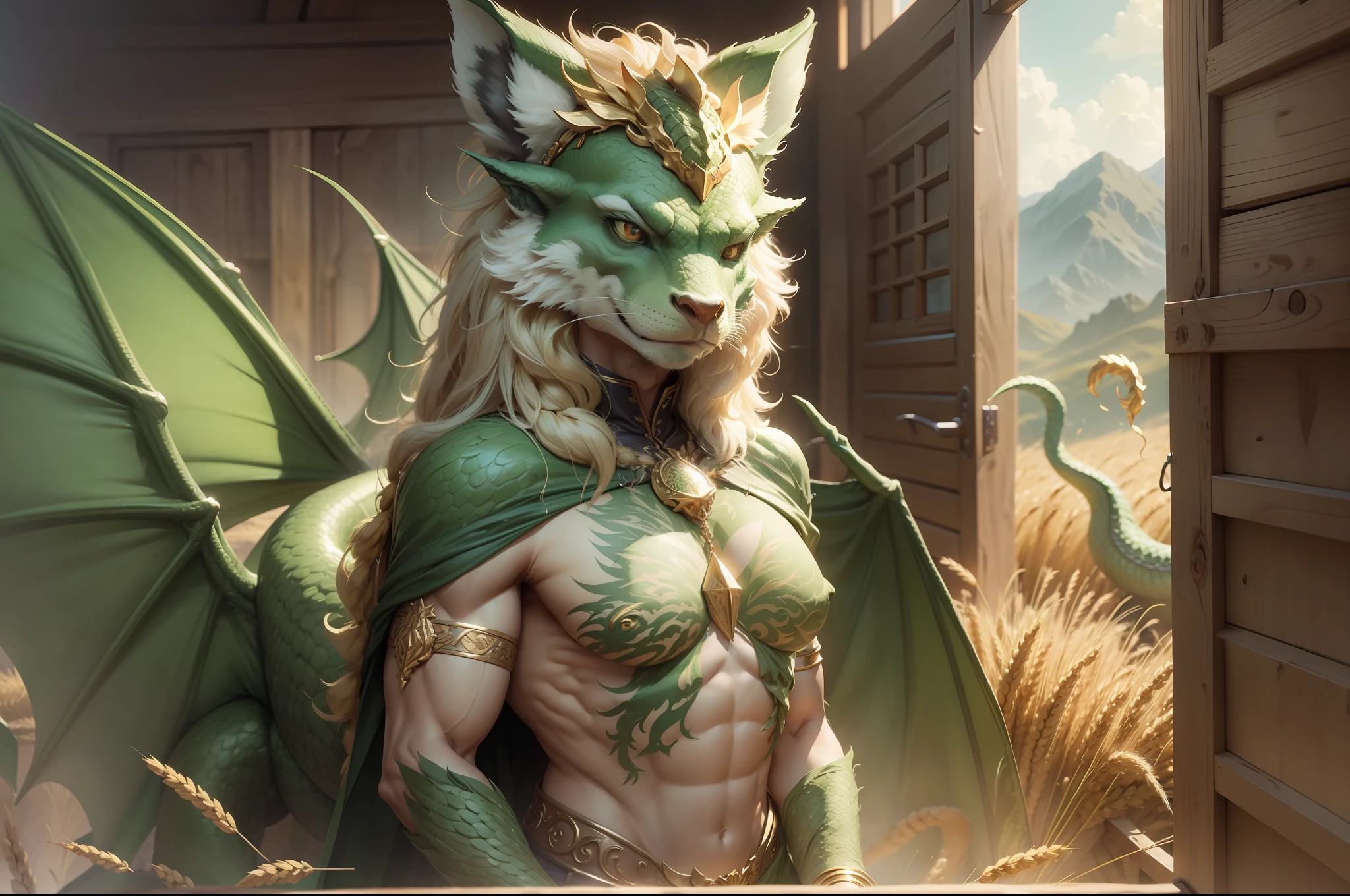 a chest full of golden ears of wheat, with a green dragon in the background.