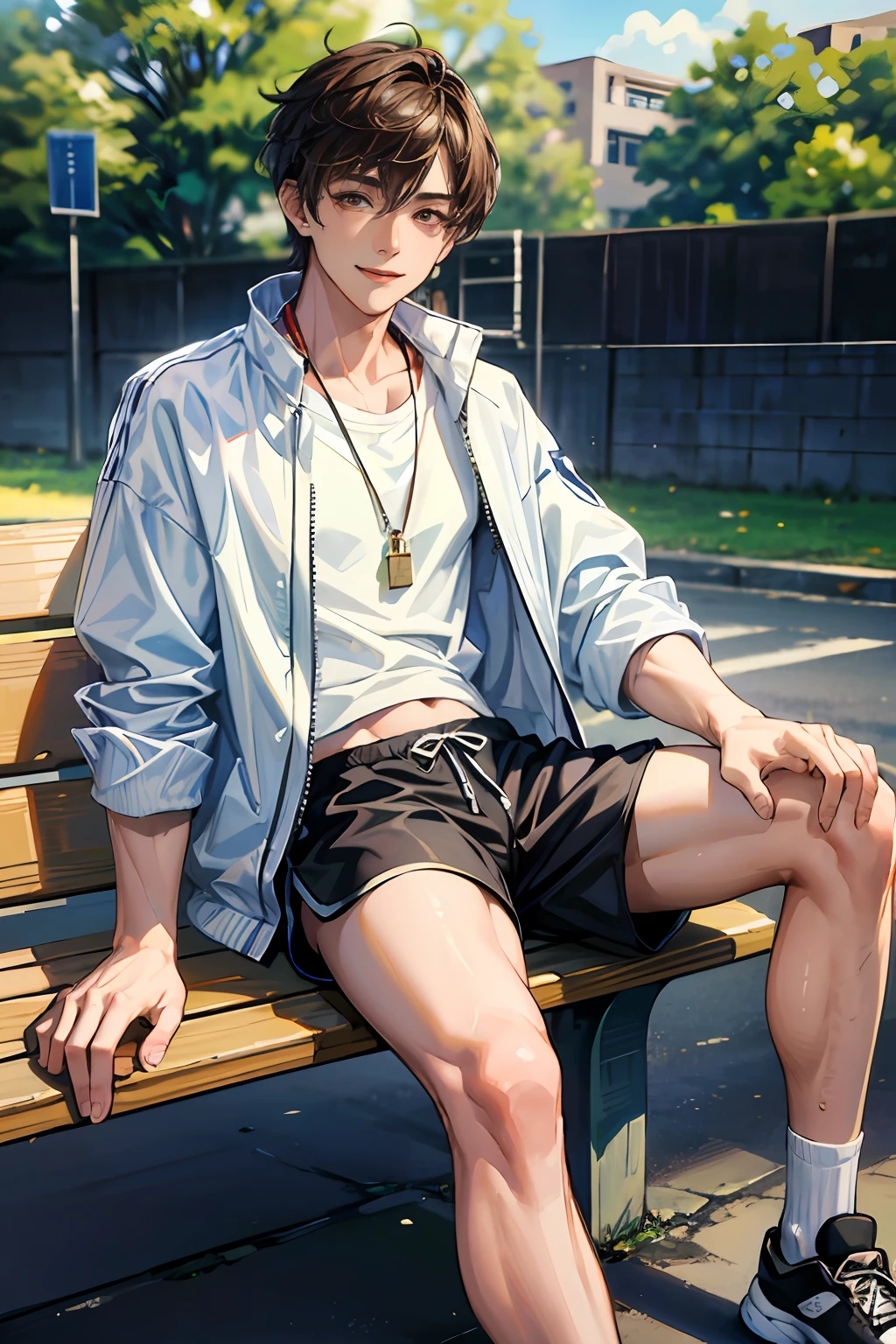 (absurdres, highres, ultra detailed, HDR), masterpiece, best quality, 1boy, solo, handsome, dark brown hair, finely eye and detailed face,((sports shorts)), sneaker, (pale and white skin), look at viewer, ear piecing, , smile, sitting on bench, park in background, full body view,topless, open legs