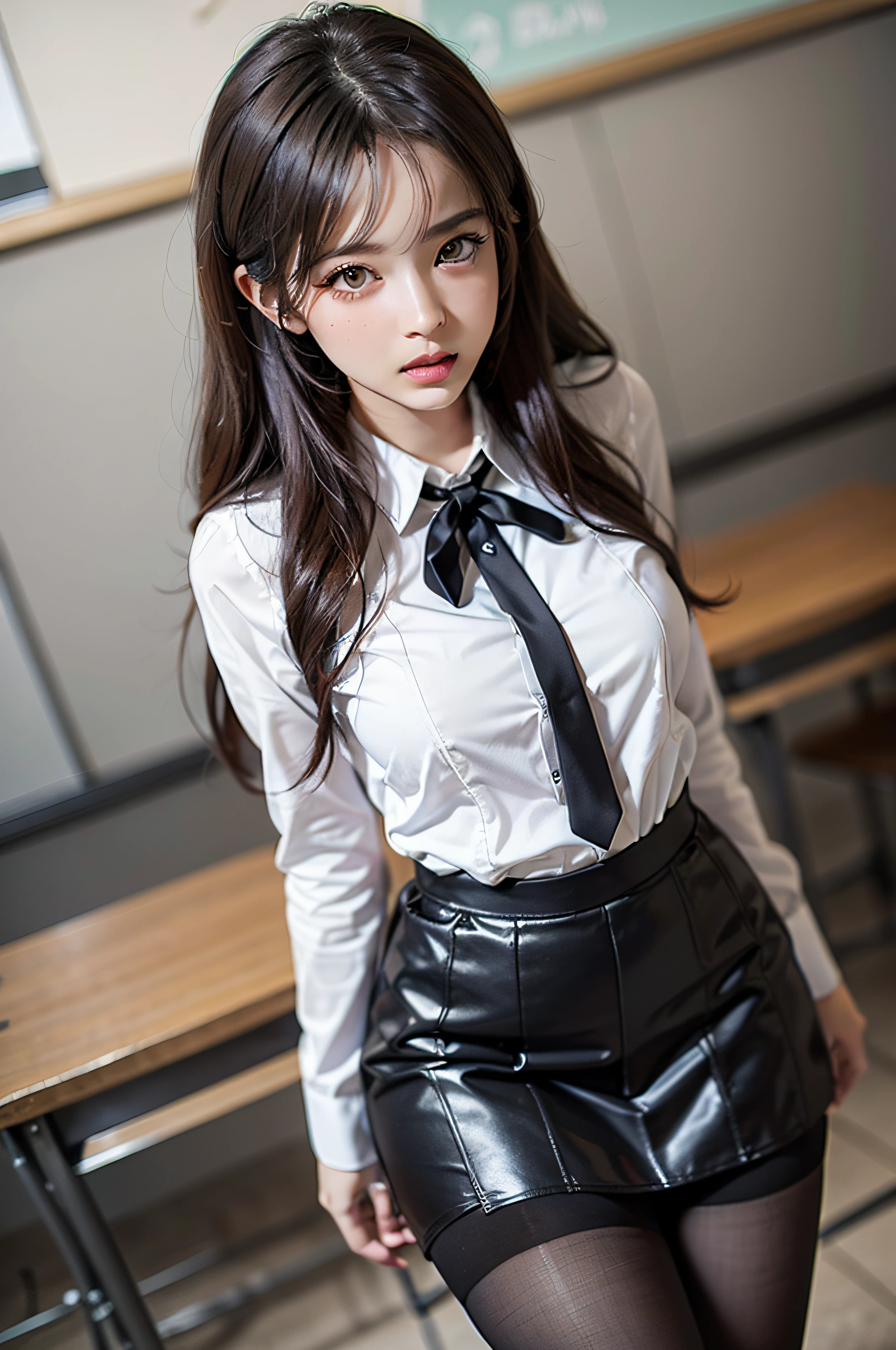 Beautiful girl standing，Thin leg，heels on the ground，‎Classroom，(Masterpiece:1.3), (8K, Photorealistic, RAW photo, Best quality: 1.4), (1girll), Beautiful face, (Realistic face), Black hair,Long hair, Nice hairstyle，photorealistic eye，Nice detail eyes，Realistic skin，Beautiful skins，超高分辨率，Ultra photo realsisim，The is very detailed，the golden ratio，adolable，Wearing a JK uniform，Surreal high school girl，short  skirt，leotard skirt，lacepantyhose，blackstockings，full body pov，Thin arms，prengant