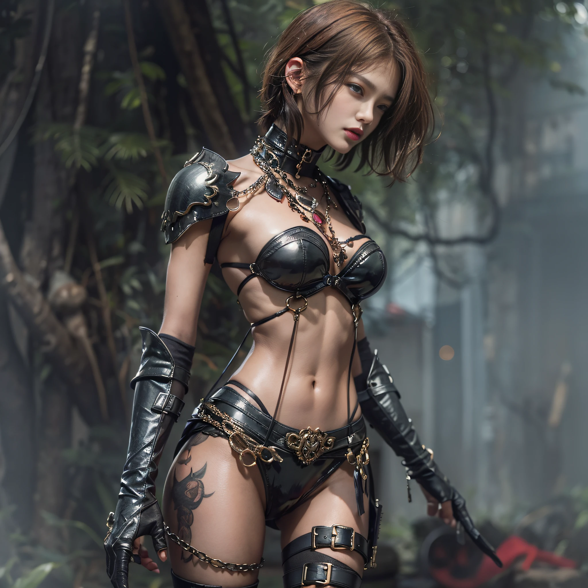 ((​masterpiece:1.4)、(top-quality:1.4)、(reallistic:1.7))、Mercenary troops from another dimension、Cute girl mercenary、Sexy Daughter、1girl in、latex shiny、Latex bodysuit、By Luis Royo、age19、Ultra Ultra Bikini、Looking Back Beauty、Outstanding style、Slender Abs、Anatomically correct limbs、Realistic standard body shape、beauty legs、Beautiful ass、A detailed eye、Raw photo、red-lips、Red high heels、a choker、a necklace、耳Nipple Ring、