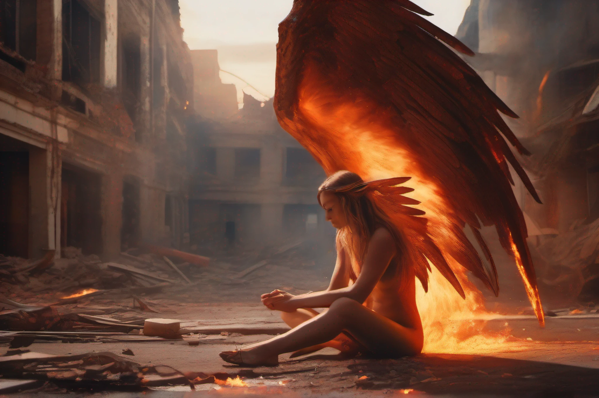 A magical realism painting of a fallen female angel kneeling nude with spectacular flaming wings amidst crumbling buildings and angel silhouettes, focused on her agonized expression and burning wings, with dramatic red and orange toned lighting, soft textures, selective focus on angel, contrapicado angle and hazy atmosphere as she is consumed by flames in a ruined apocalyptic city.