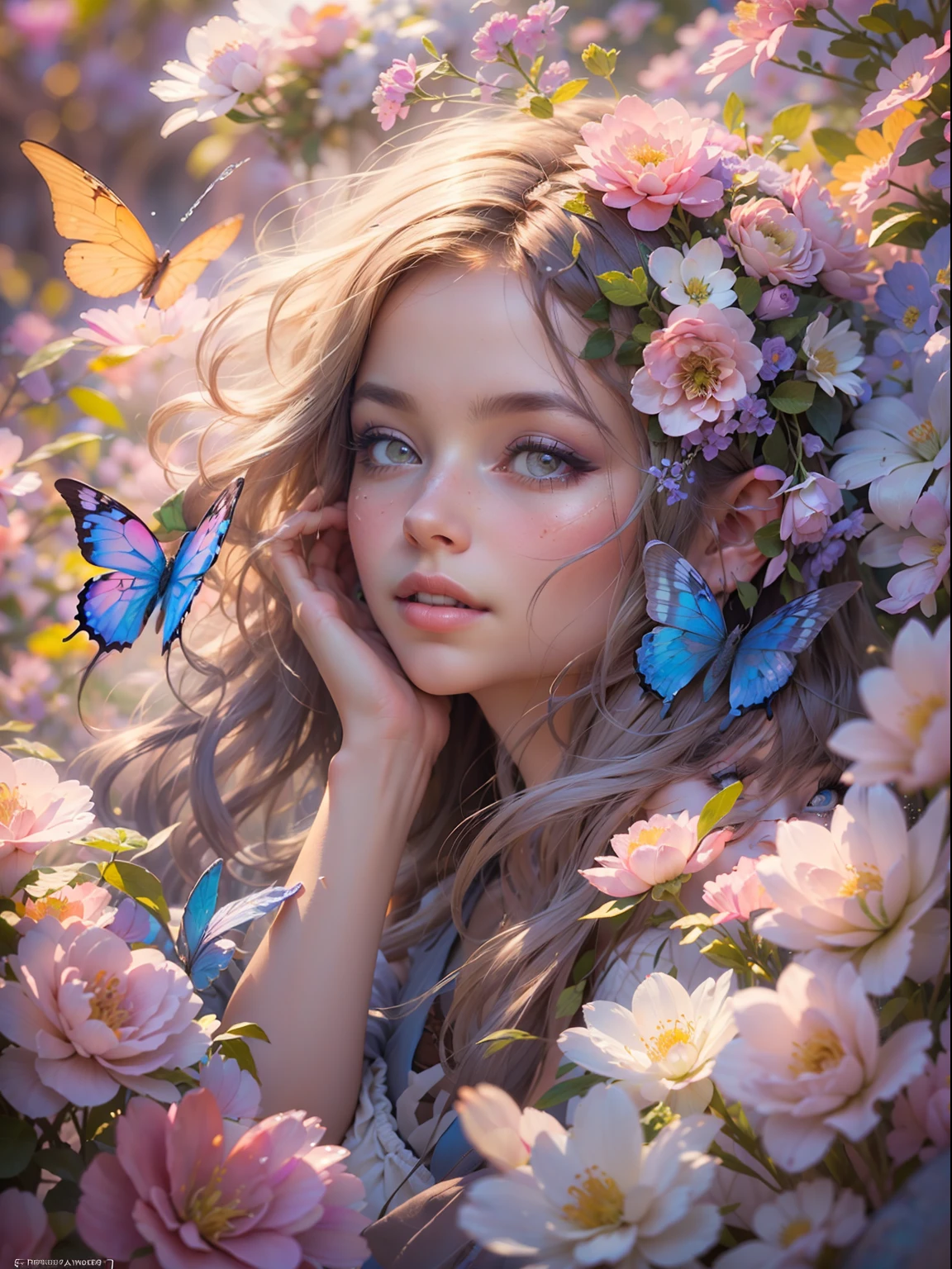 This artwork is dreamy and in the style of mythic fantasy, with soft watercolor hues in varying shades of pink, blue, and purple. Generate an ornate figure from Greek mythology and realistic skin and hair texture. Her strong, proud face has realistically shaded eyes and puffy lips, and a big mouth. Her soft, realistic hair is dancing in the breeze along with the flowers and detailed butterflies that surround her. Include highly detailed fantasy touches including a beautiful watercolor sky. Include 8k eyes, hires eyes, beautiful detail eyes, beautiful detailed eyes, and realistic eyes. Include fantasy details, enhanced details, iridescence, and colorful glitter. Pay special attention to her face and make sure it is beautifully and realistically detailed. 8k, intricate, elegant, highly detailed, majestic, digital photography, art by artgerm and ruan jia and greg rutkowski, (((masterpiece, finely detailed beautiful eyes: 1.2))), hdr, ((realistic skin texture)), rays of light, ornate flowers, dew drops, sunlight, hazy rays of sun, flowergateway style, castle, palace, archway, flowers, growing