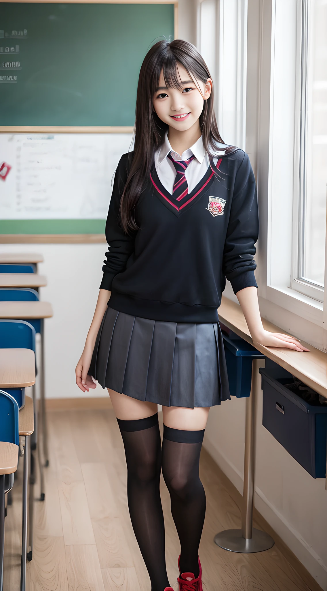 1girl, Cute, Black-haired, , Smile, Looks pure, School uniform, Photography, Realistic, Best Quality, Detailed face, Full body, slender, Slender legs, Long legs, Wearing thigh-high socks, shoes on, School, classroom