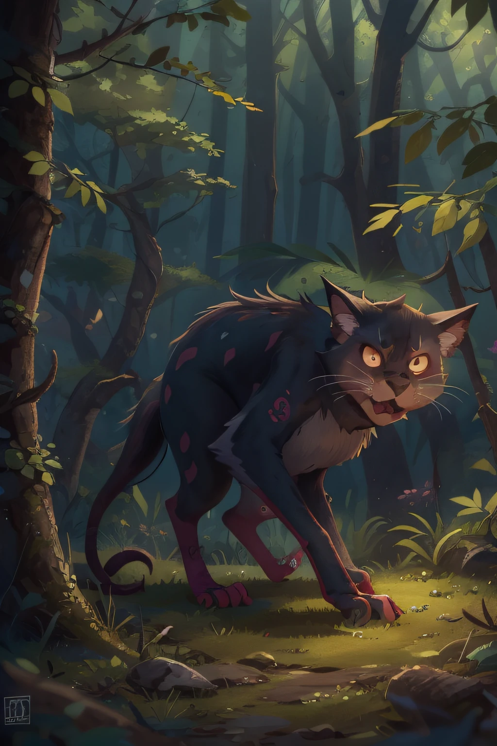 grande gato monstro esqueletico, grandes olhos amarelos, deformado e sinistro, na floresta escura e sombria, (escuridao), (lutando), atacando os adolescentes de 13 anos, 8k, uhd, estilo terror..