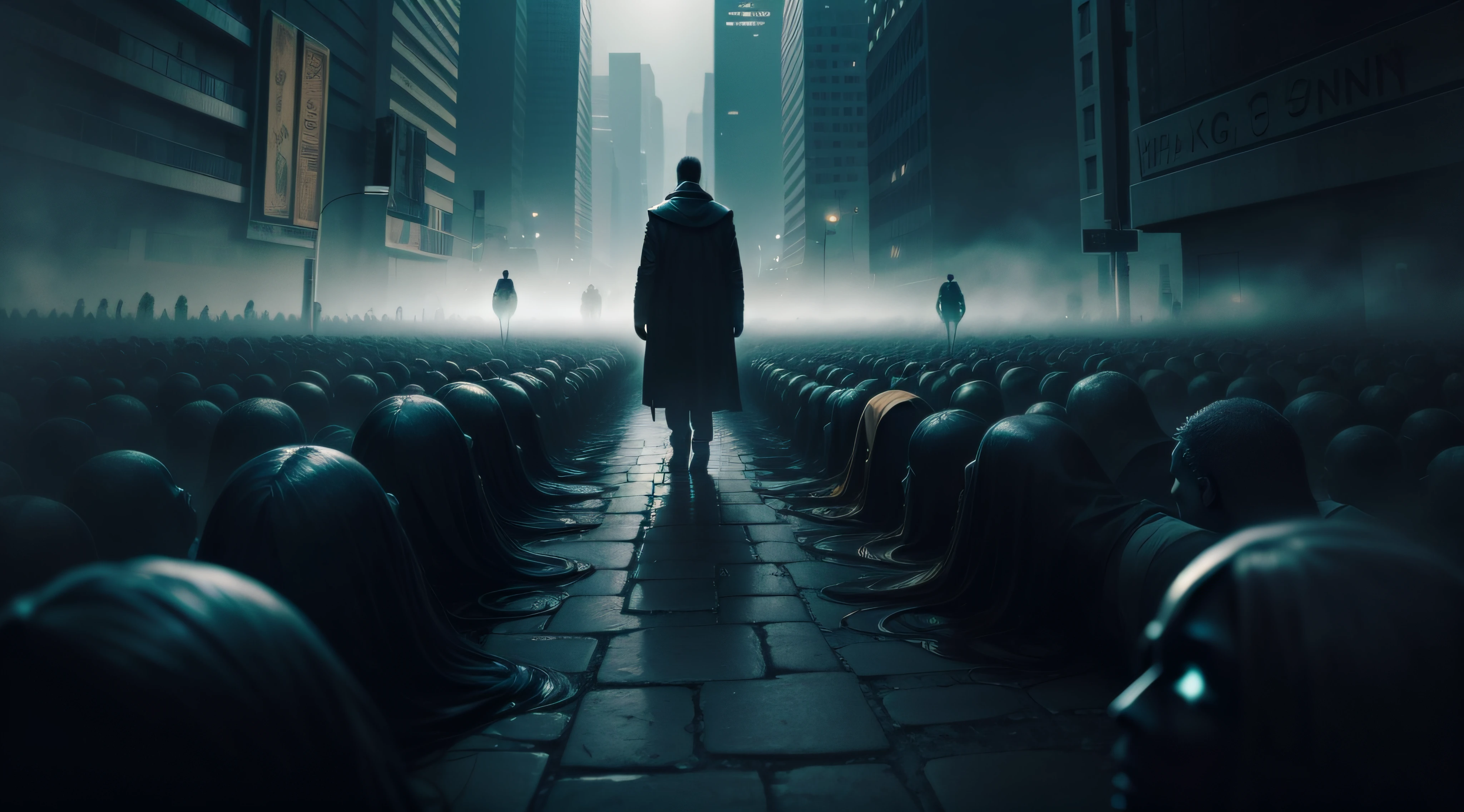 dark city, with people hurring