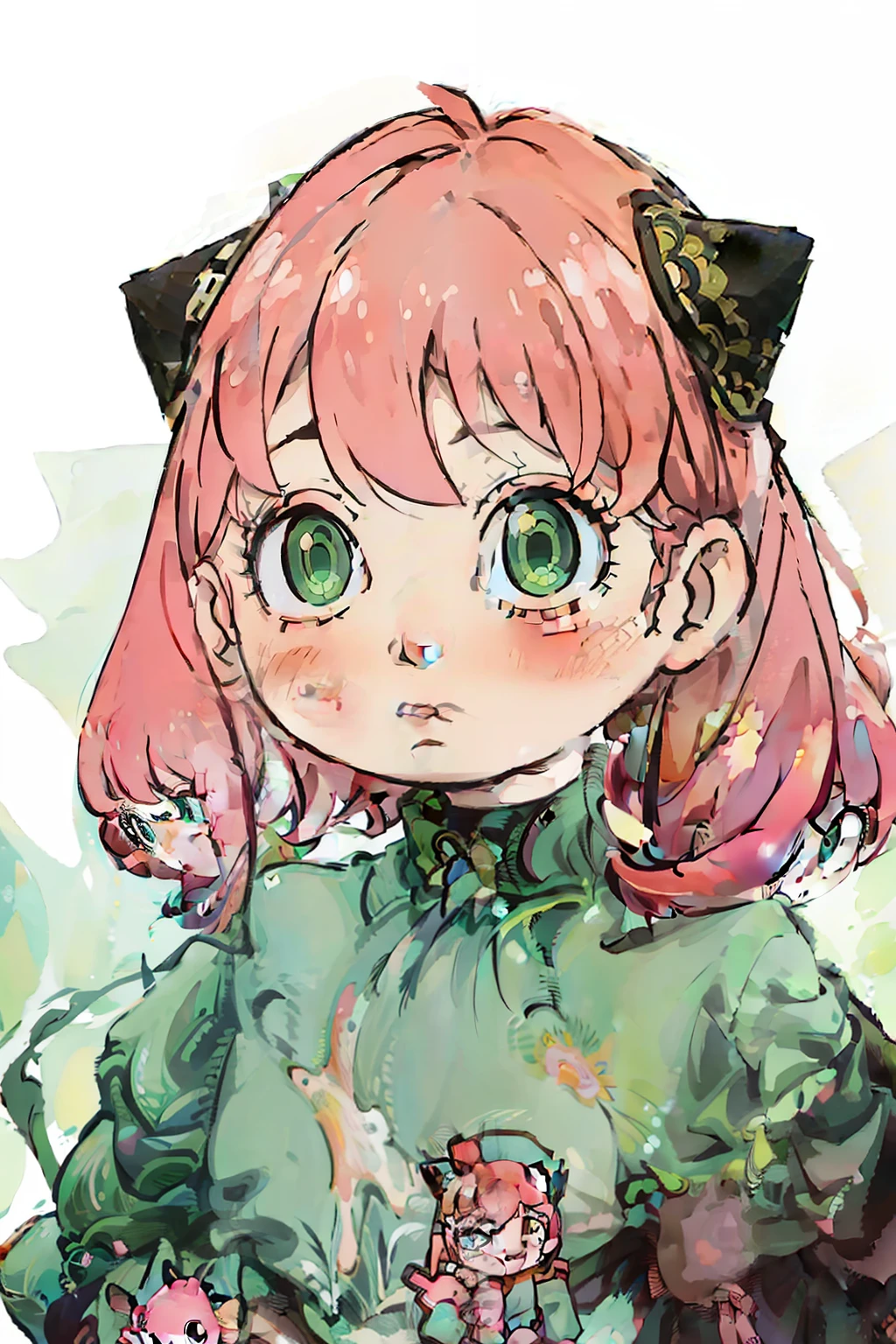 Anya forger, illustration, masterpiece, high quality, best quality, (high detailed:1.2), (extremely detailed:1.3), painting, pink hair, green eyes