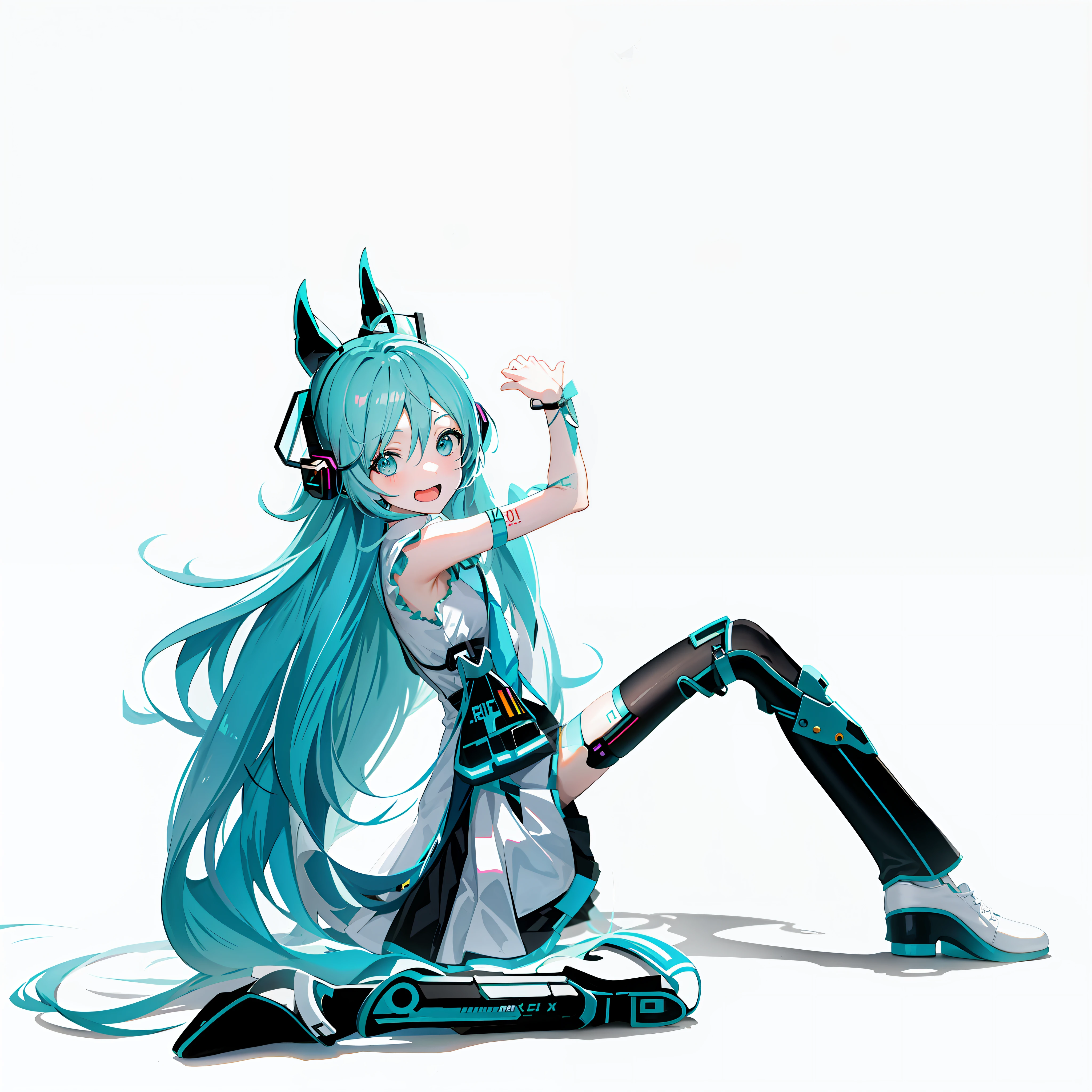 Anime girl sitting on the ground，Right leg prosthesis，handicapped，anime girl with long blue hair and a white shirt and black skirt, Hatsune Miku, Portrait of Hatsune Miku, Hatsune Miku short hair, vocaloid, hatsune miku portrait, Os amigos, mikudayo, Anime girl with teal hair, Hatsune Miku cosplay, hatsune miku face, style of anime4 K, An anime girl, attractive anime girls