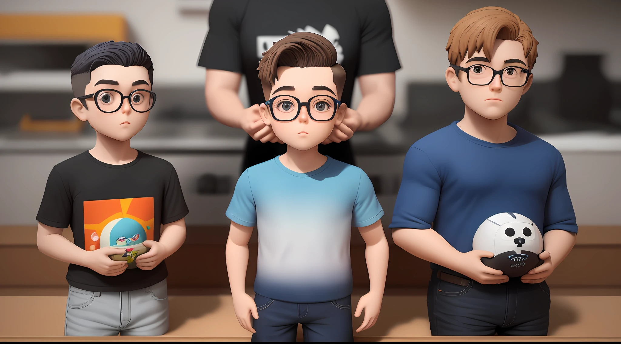 Bonito pequeno programador masculino de 16 anos de idade, huge head, cabelo Undercut tiro, wearing thin-framed round glasses, olhos altamente detalhados, frontal, gordo, wearing gradient short-sleeved shirt and dark blue jeans and black running shoes, serious mood, whole body view, Highly detailed hands, figuras de brinquedo, melhor qualidade, desenhos animados 3d, whole body view, fantasia, sonho, surrealismo, super bonito, trending in the artstation