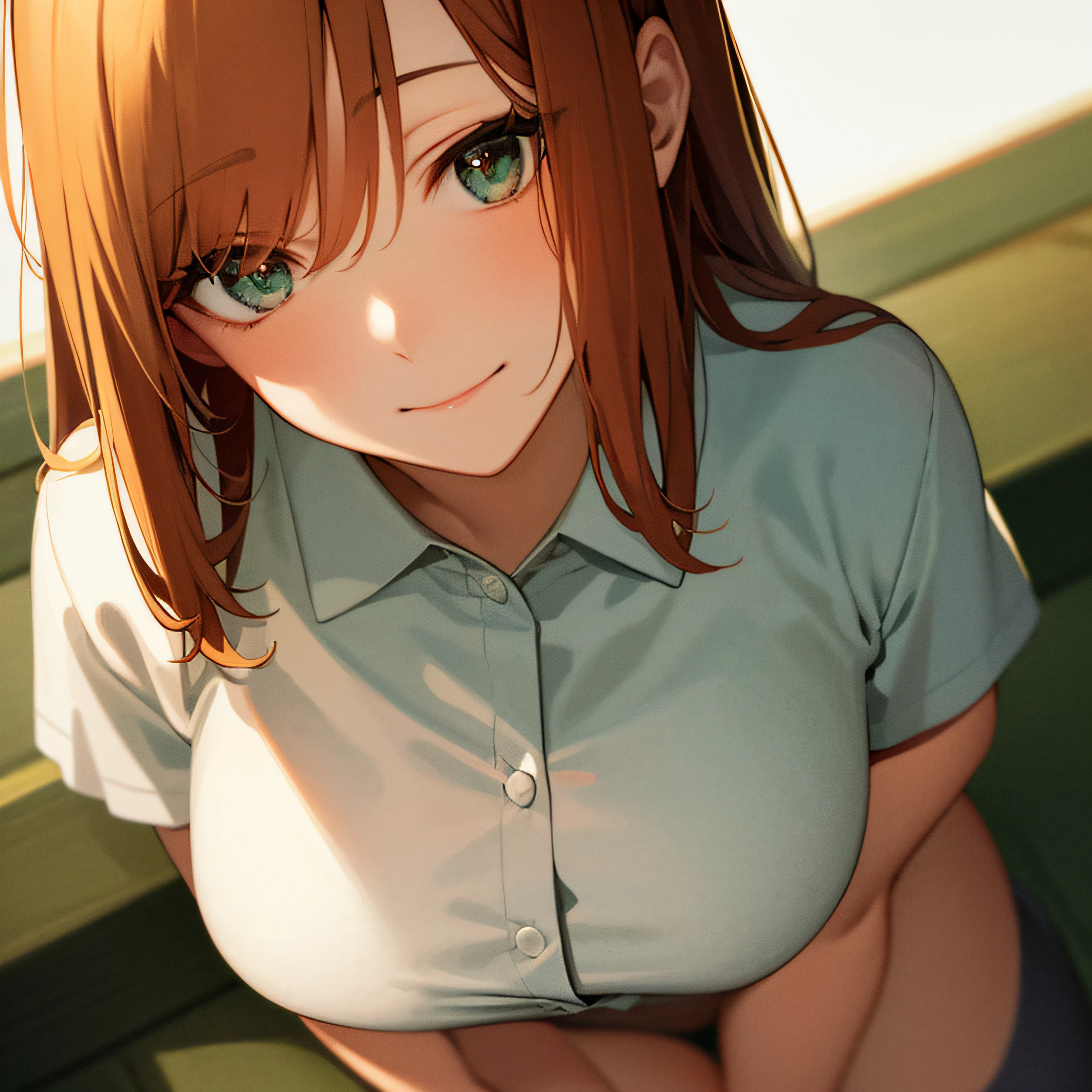 best quality, masterpiece, portrait of a gorgeous girl, smiling,closed mouth, slight smile, from above, looking at viewer, upper body, hips, perfect face, 1girl, solo, white background, detailed eyes, soft lighting, uniform, makima \(chainsaw man\),