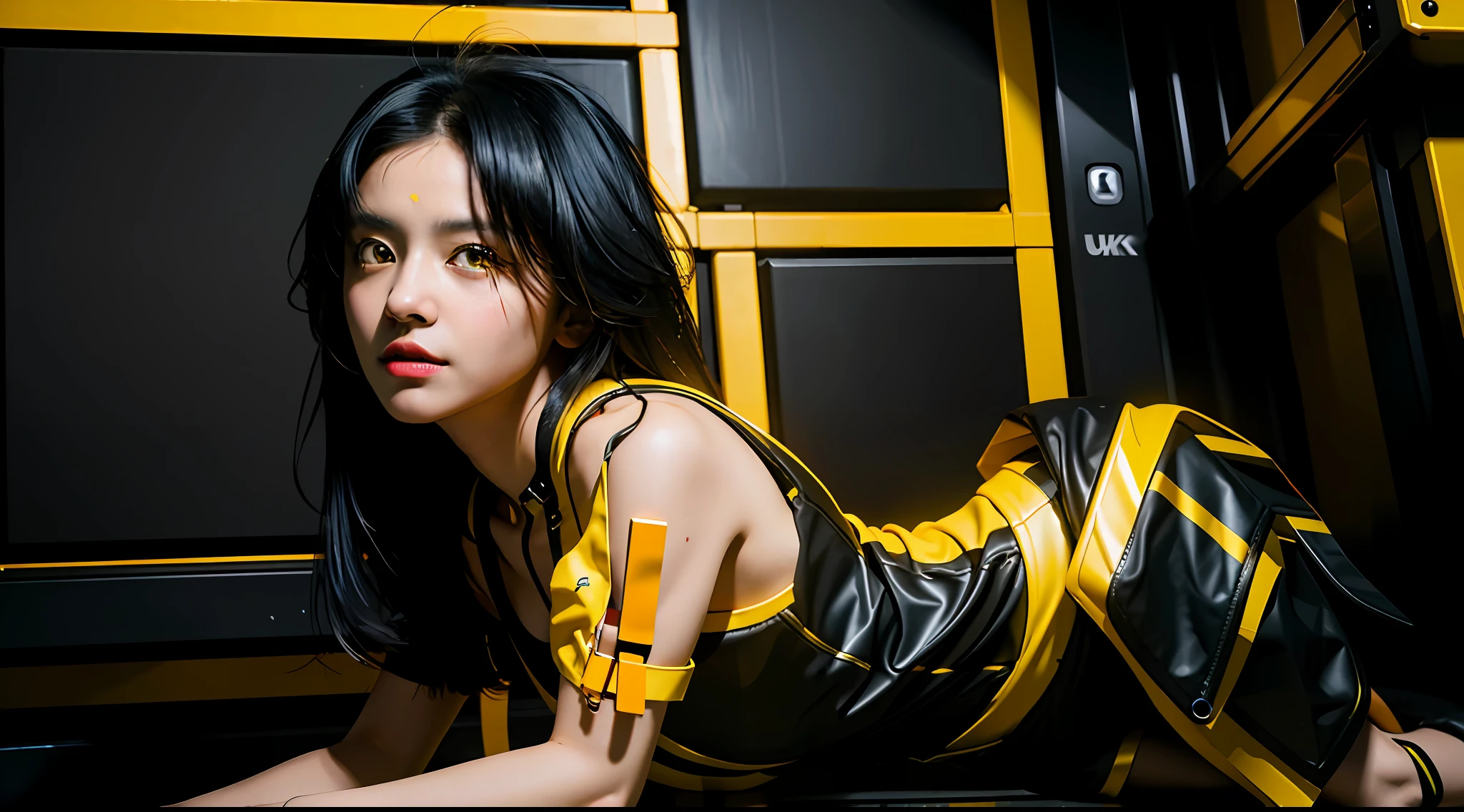 (masterpiece:1.2), (best quality:1.2), (ultra highres:1.2) ,(8k resolution:1.2),
Cyberpunk, mechanical girl, black hair, yellow eyes, petite, cute, dog action, thin, black and yellow color,