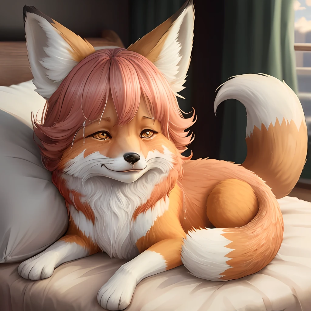 4k anime fox girl bed crying furry ears three tail swings