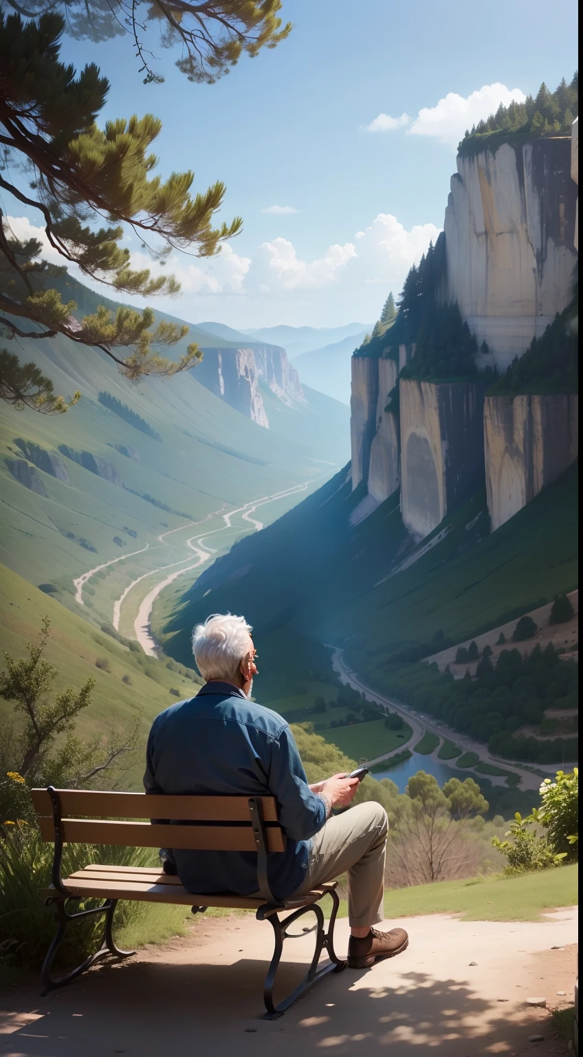 An image of an old man and a young man sitting on a bench in the middle of a trail next to a stunning landscape, enquanto o mais velho compartilha seus conhecimentos sobre a vida