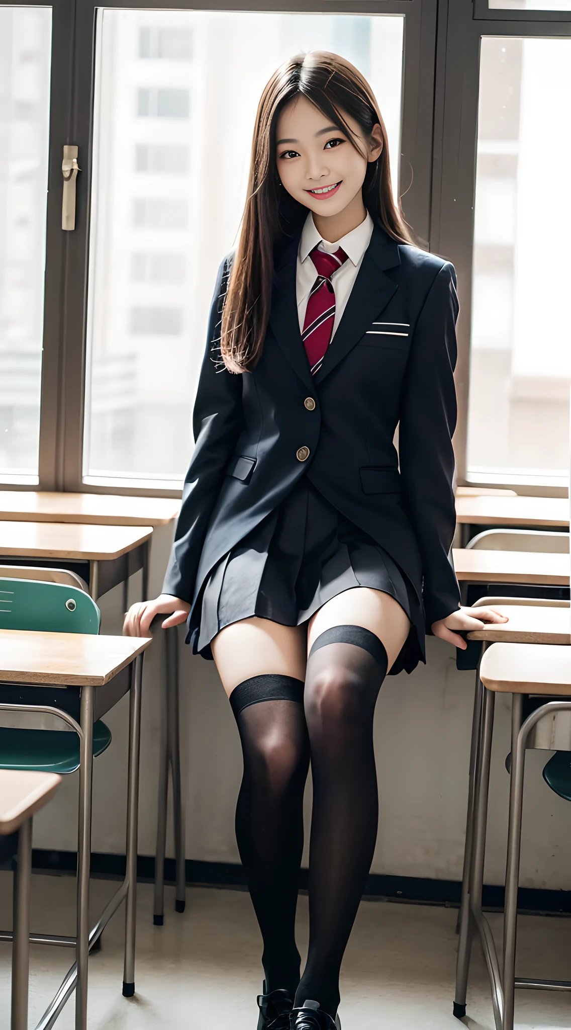1girl, Cute, Black-haired, 14 years old, Smile, Looks pure, School uniform, Photography, Realistic, Best Quality, Detailed face, Full body, slender, Slender legs, Long legs, Wearing thigh-high socks, shoes on, School, classroom