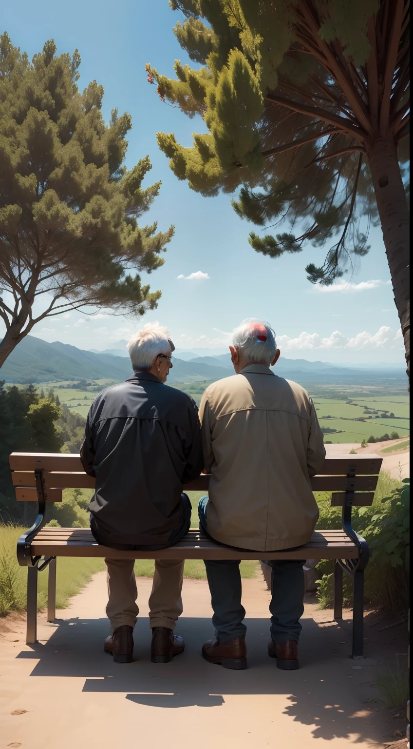 An image of an old man and a young man sitting on a bench in the middle of a trail next to a stunning landscape, enquanto o mais velho compartilha seus conhecimentos sobre a vida