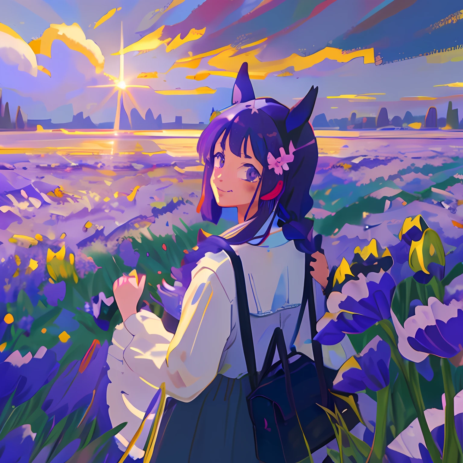 Anime girl in a flower field at sunset, Praise Artstyle, Ilya Kuvshinov landscape, lofi-girl, in a field of flowers, Girl in a flower field, style of anime4 K, anime art style, Lofi art, standing in flower field, lofi color, anime moe art style, Anime style illustration