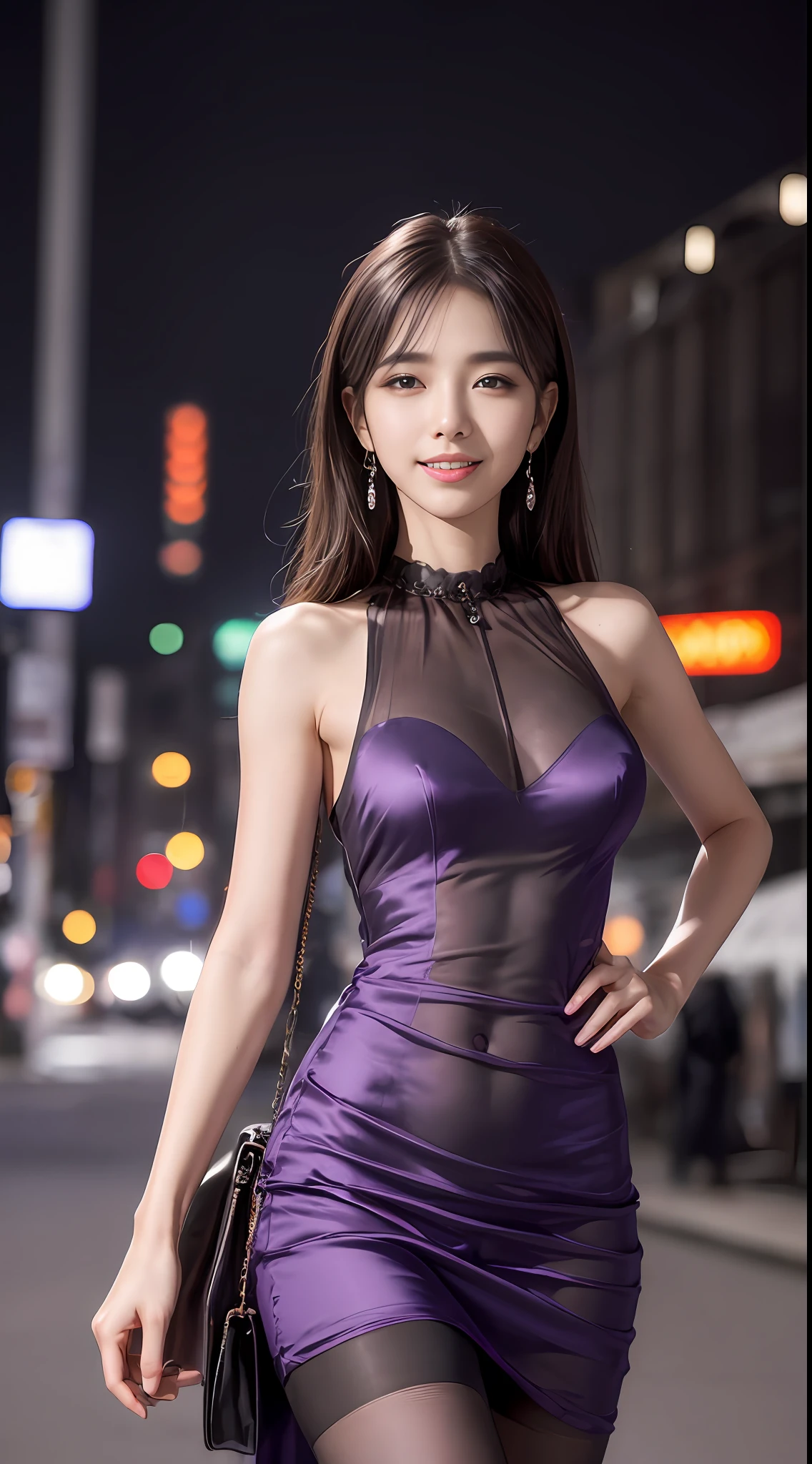 8k, masterpiece, RAW photo, best quality, photorealistic, extremely detailed CG unity 8k wallpaper, Depth of field, Cinematic Light, Lens Flare, Ray tracing, (extremely beautiful face, beautiful lips, beautiful eyes), intricate detail face, ((ultra detailed skin)) 1girl, in the dark, deep shadow, pretty korean girl, kpop idol, 1 girl, (very slim slender fit-muscled body:1.3), ((looking at viewer)),(big smile:1.3), (tight midi dress), (sleeveless) , (fashion city night, dark night, (neon sign), (blurred background), fashion street night),(without people in the background:1.3), beautiful earrings, bracelets, necklace, pantyhose, clear eyes, walking , front shot, (pale skin), (big eyes), face forward, (full body shot), ((silk purple, black color dress:1.3)),(brown hairs), (laced panty), (see through), (looking at viewer:1.3) open breast, very slim, long legs, medium breasts, hermes bag
