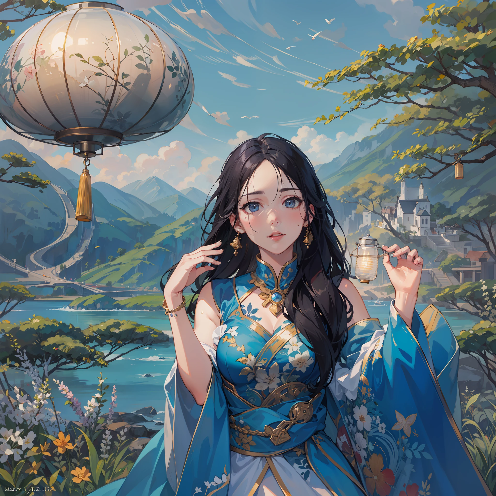garments:Woman wearing blue ao dai:1.1,accessory:shell necklace,The hair:Long Black Hair:1.1、 make - up:natural, Glowing skin、Wearing sweat, BEReaction:relax、Free-spirited、 The location:Landscape of Vietnam:1.1,Lantern sink:1.1,4K, (Raw photo: 1.2), (Realism: 1.4), (masutepiece: 1.3), (exquisite detailing: 1.2), Delicate and beautiful details, (Eye Detail), (Facial Detailed), (Highest Quality) :1.4), (Hyper-Resolution: 1.2), cinematric light, (very detailed illustration), (Best Quality, Super Resolution, depth of fields, Wide light, natural shadows