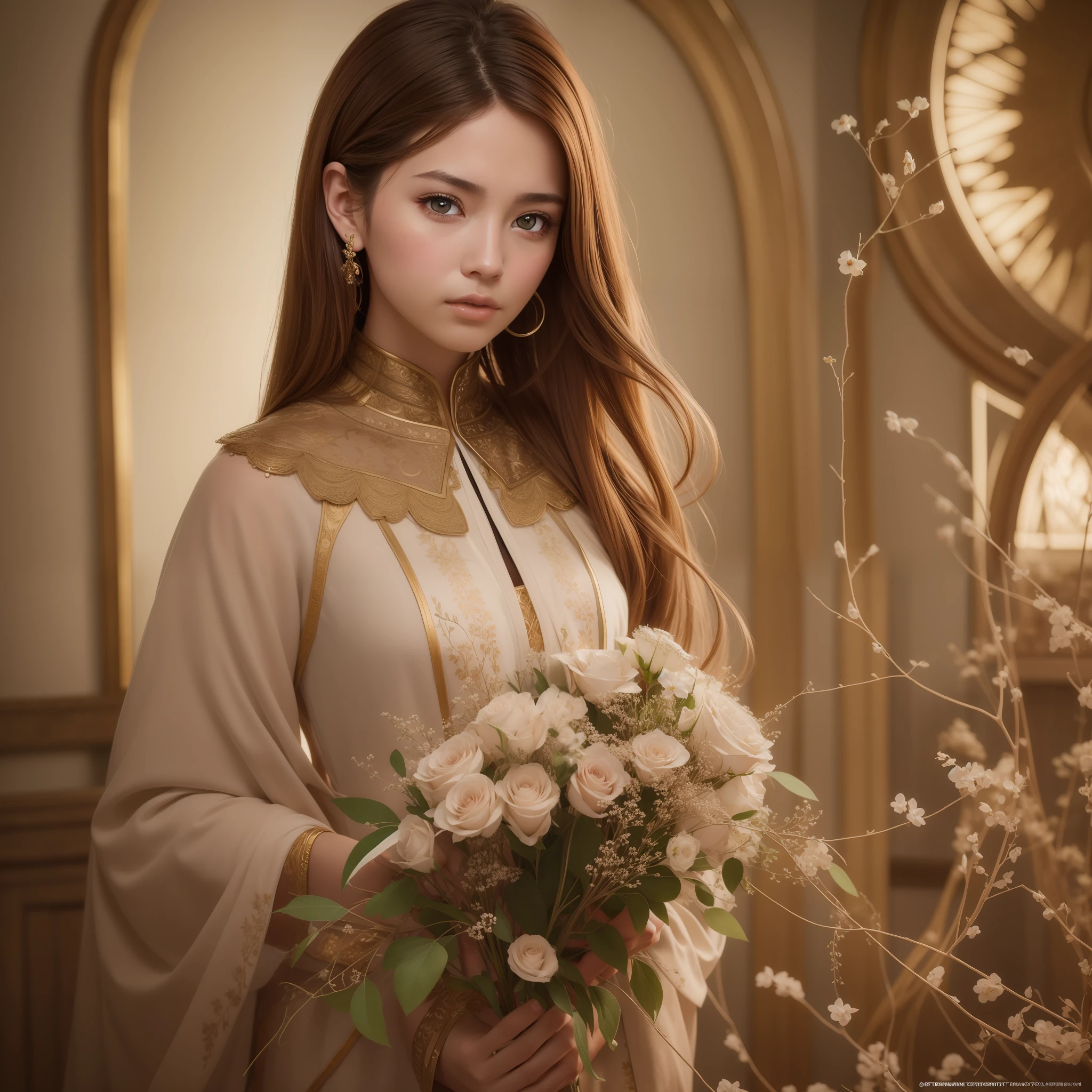 Promt 8k portrait of beautiful girl with brown hair, intricate, elegant, highly detailed, majestic, digital photography, art by artgerm and ruan jia and, (masterpiece, sidelighting, finely detailed beautiful eyes: 1.2), hdr, (detailed background window to a new dimension, plants and flowers:0.7) infinity, infinite symbol