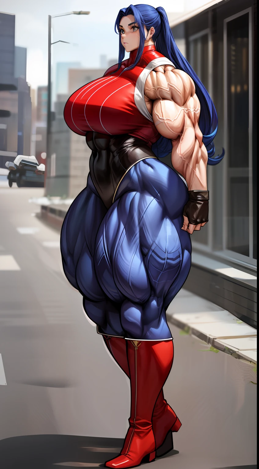 tmasterpiece,Best quality at best,Burly woman,Exaggerated large muscles,tightsuit,stocklings,leather boots,Full body like,beautiful attractive face, Single female,Thin waist,Very broad shoulders, Strong and powerful arms,Strong and powerful leg muscles,thick calf,long leges