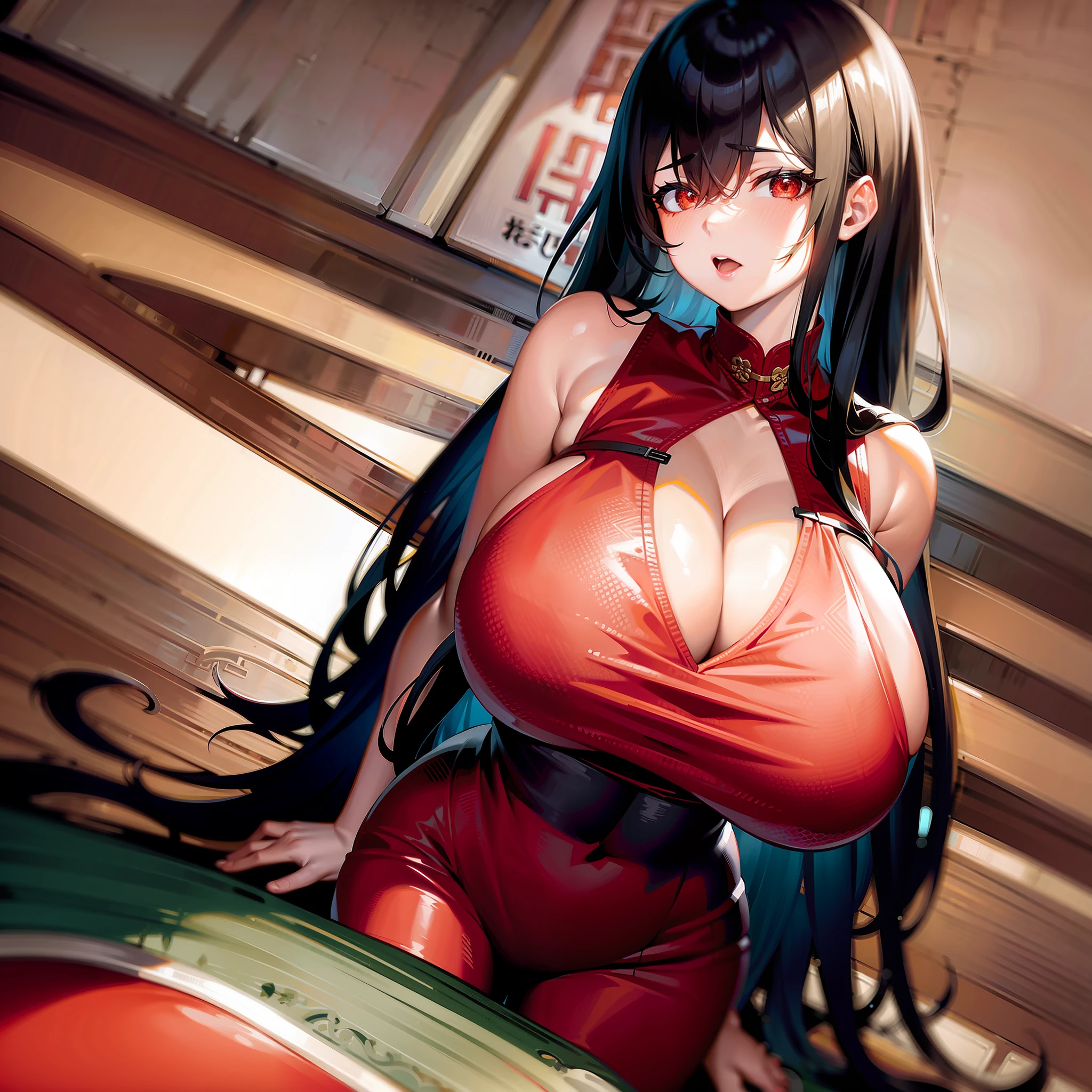 1girll,Red cheongsam,cabelos preto e longos,Stand on the floor,gigantic cleavage breasts