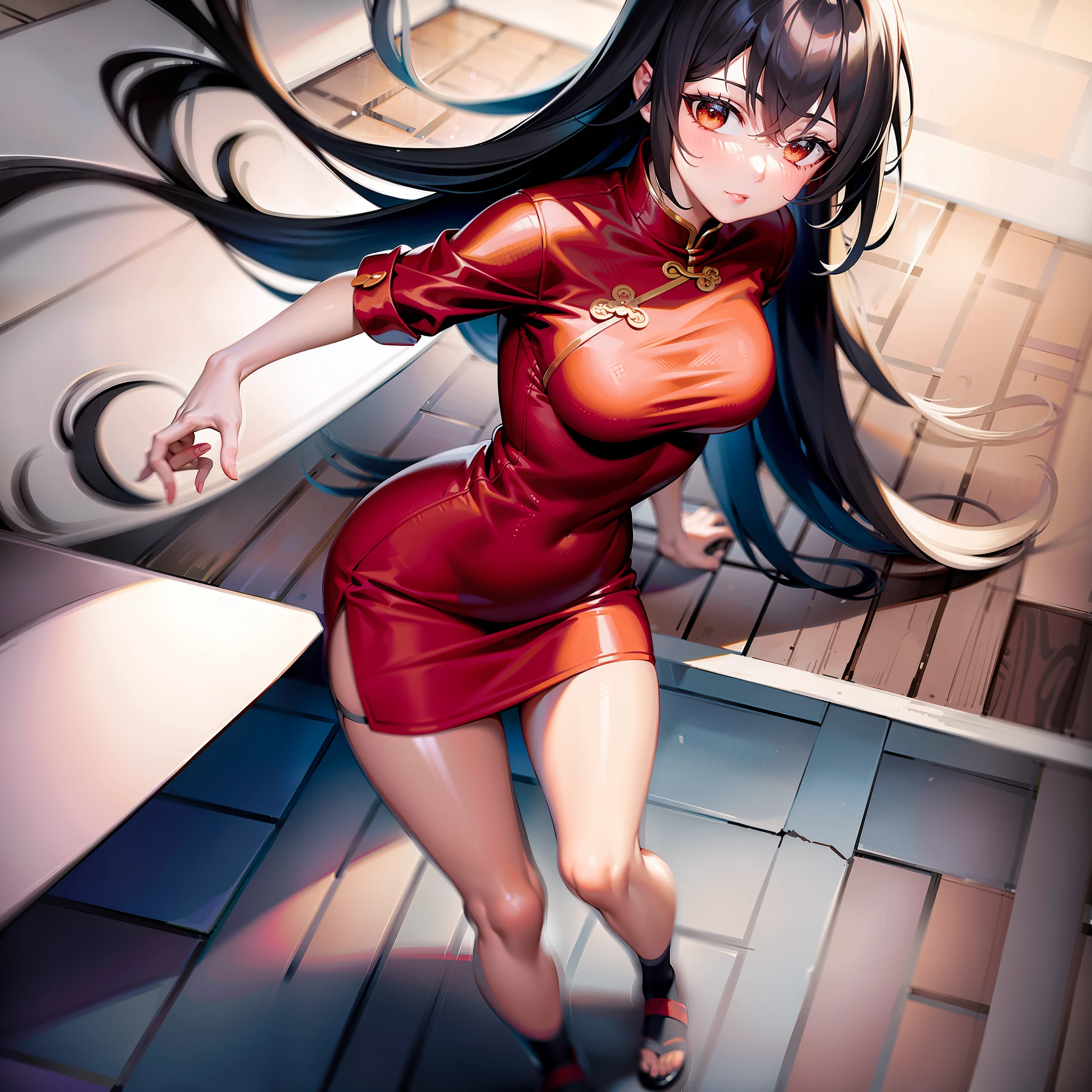 1girll,Red cheongsam,cabelos preto e longos,Stand on the floor