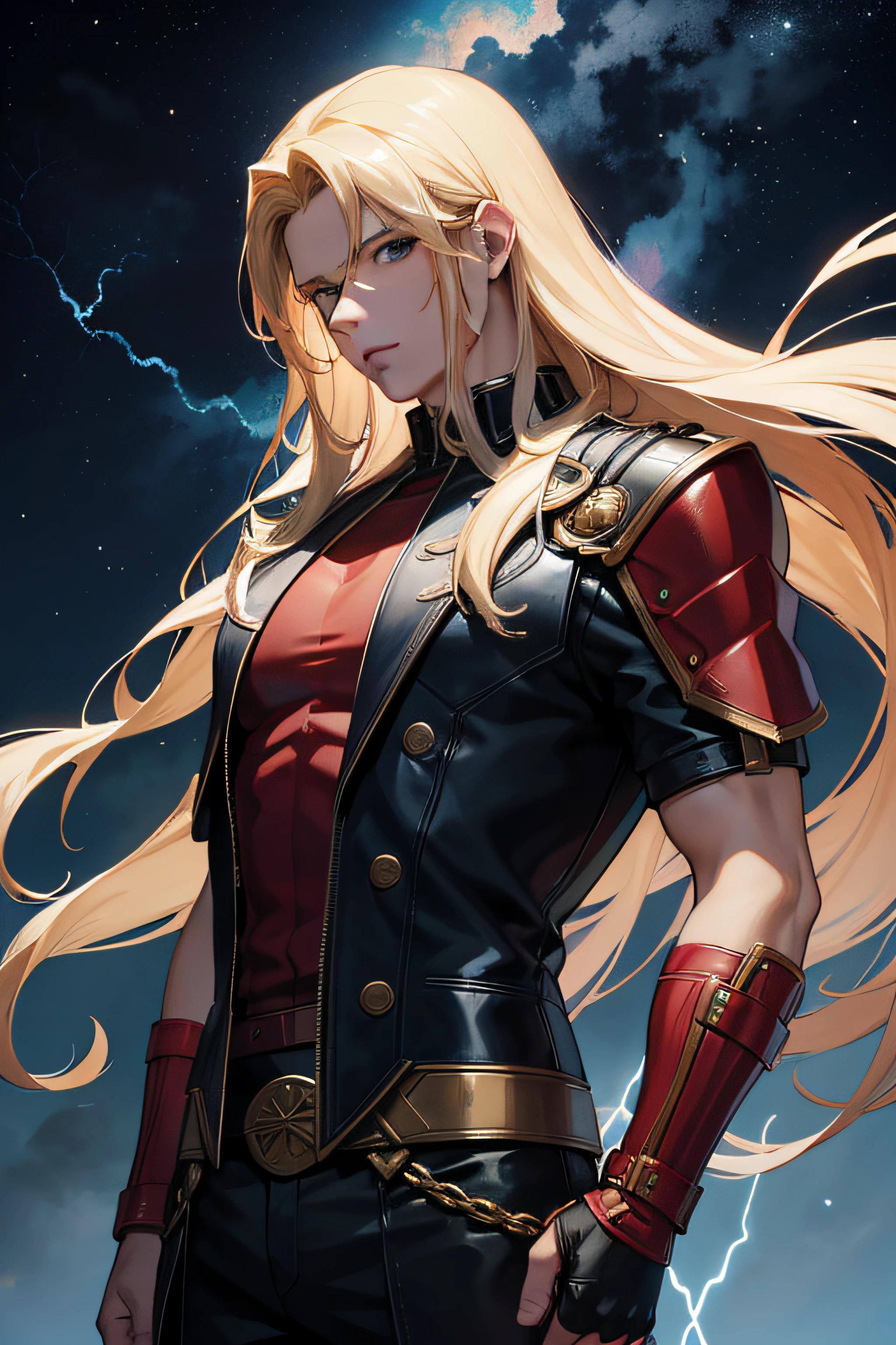 1 solo homem Thor com as roupas de Terry Bogard pretas, raios ao redor de si, thunder, thunder , cabelo blond, roupas pretas, vestes pretas, Nebula and smoke, black cloth, both hands together holding a lightning bolt, um thunder, tempo fechado, tempo nublado, tempo escuro, cidade, raios ao redor