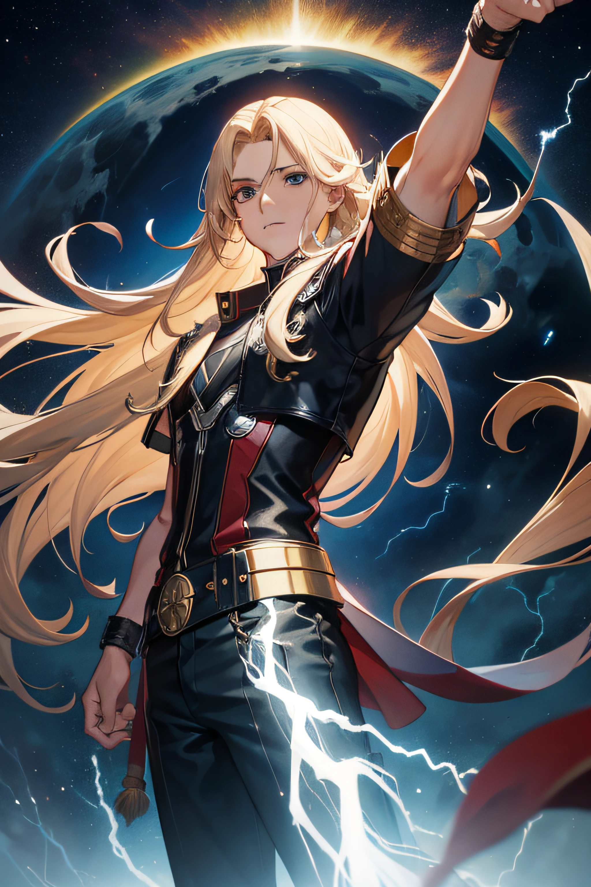 1 solo homem Thor com as roupas de Terry Bogard pretas, raios ao redor de si, thunder, thunder , cabelo blond, roupas pretas, vestes pretas, Nebula and smoke, black cloth, both hands together holding a lightning bolt, um thunder, tempo fechado, tempo nublado, tempo escuro, cidade, raios ao redor