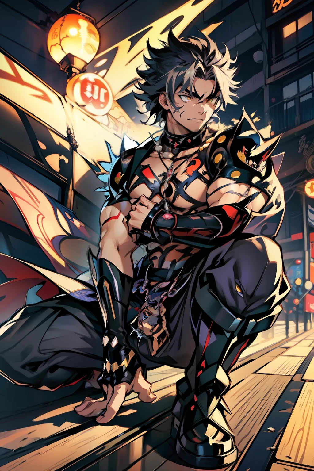 《the original god》Arataki Kazuto , male people,,((Masterpiece)), ((Best quality)), Ultra detailed,((illustration)), Dynamic Angle, Detailed light, (Delicate eyes), Floating, 1boy, Male focus, Head, Clothing, Yellow eyes, necklace, tattoo, (Forehead:0.8), (ahoge:0.8), jewelry, apathy,Ray, chest muscle, Sexy , Venom symbiote for your body, Black mucus of the body , (into venom), Venom,frontage,style of anime4 K, 4K anime wallpaper, Badass anime 8 K, 4 k comic wallpaper, young anime man, Anime boys, Anime wallpapers 4 k, Anime wallpaper 4K, High quality anime art style, Anime moe art style, Anime art wallpaper 8 K, Anime art wallpaper 4 K, RGB lighting