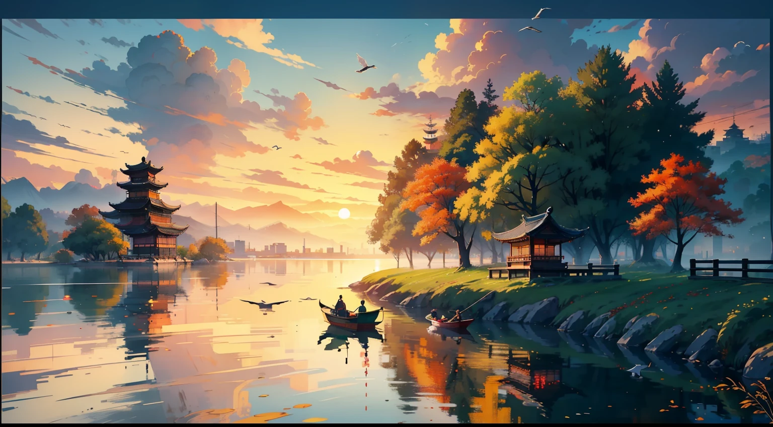 Embroidery，Leaning over，Yamabara has a clear view，Kawasawa was shocked。Lu Yan flew to the ground，Bell Ringing Food House；Shipult Yazu，Green Sparrow Yellow Dragon Jia no Jia。The clouds are raining，Cai Che District Ming。The sunset and the solitary crane fly together，The autumn water is the same for a long time。Fishing boats sing late，Sound the shore of the poor Pengli；The geese were chilled，Sound cut off Hengyang no Pu。(Sunset landscape painting)，((The vista is a huge sunset over the skyline))，(Connected to the lake)，((flying birds))，((A couple of boats))，Autumn tones，（an Chinese ink painting style），（masterpiece），（Extremely detailed picture description），（8k wallpaper），（master painting），（Noticeable light and shadow effects），（Ray traching），（Obvious layers），（depth of fields），（best qualityer）,RAY